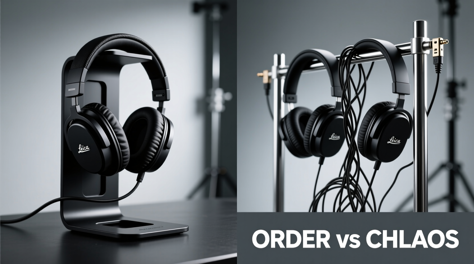 Side-by-side photo: left shows a matte-black gaming headset stand with integrated cable groove holding a wireless headset upright; right shows a chrome vertical rack with two headsets dangling, cords visibly twisted and taut near the plugs