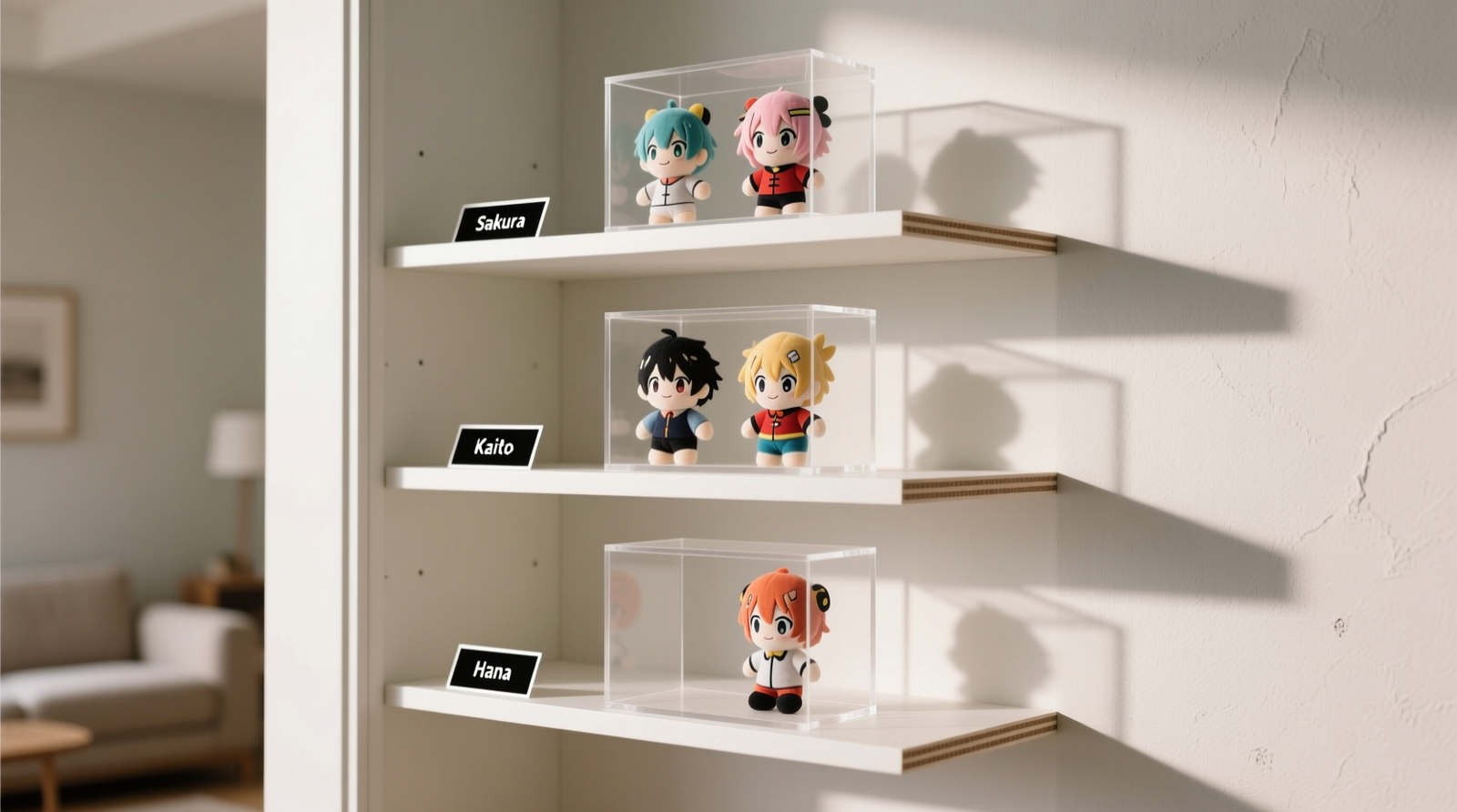 Three-tier white corner shelving unit holding clear acrylic boxes; each box contains 1–2 anime plushes standing upright with visible space around them, labeled with discreet vinyl tags; no visible dust or clutter
