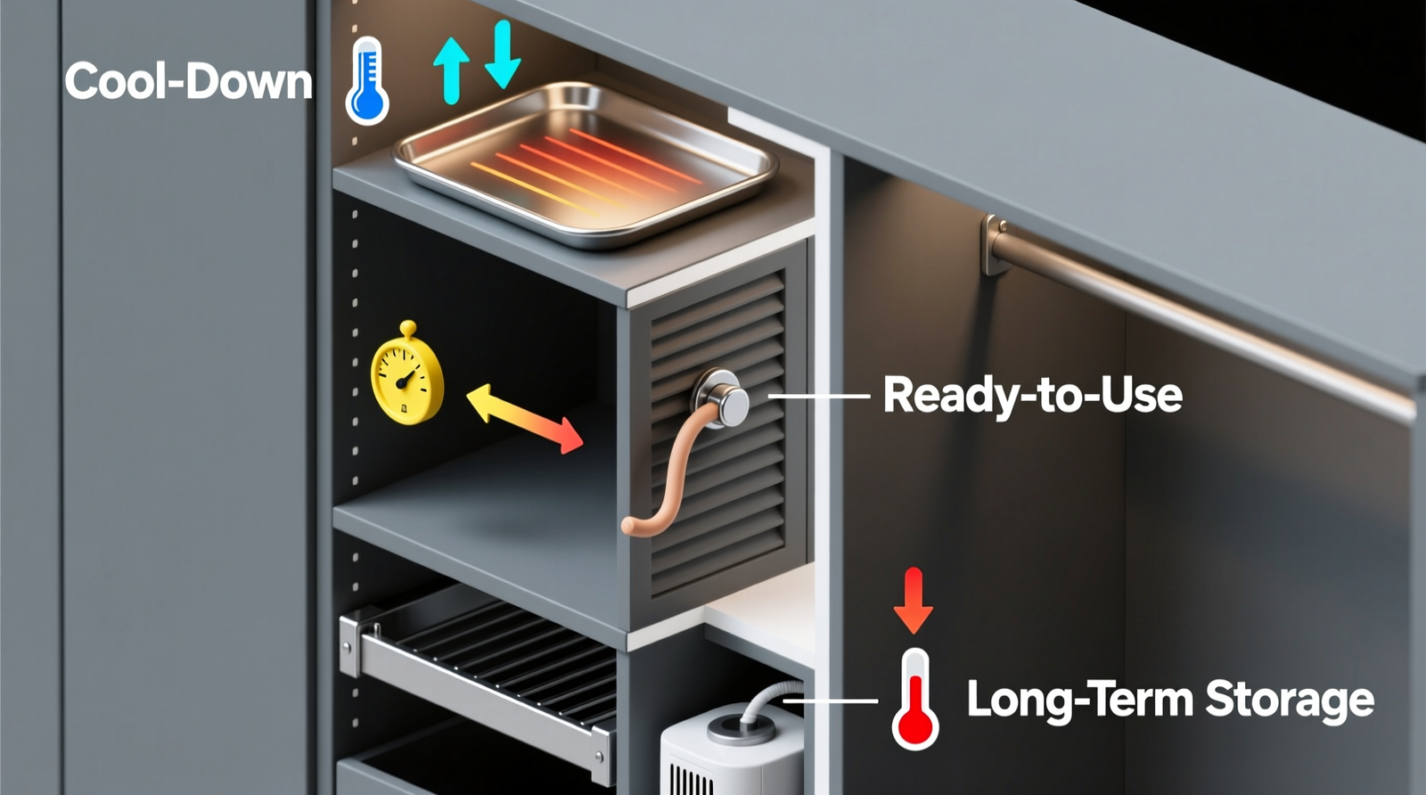 Cross-section diagram of a closet cabinet showing three labeled vertical zones: Cool-Down (top, open metal tray), Ready-to-Use (middle, louvered door with mounted curling wand), and Long-Term Storage (bottom, steel-bracketed facial steamer with visible rear vent gap). All zones include temperature icons and directional airflow arrows.