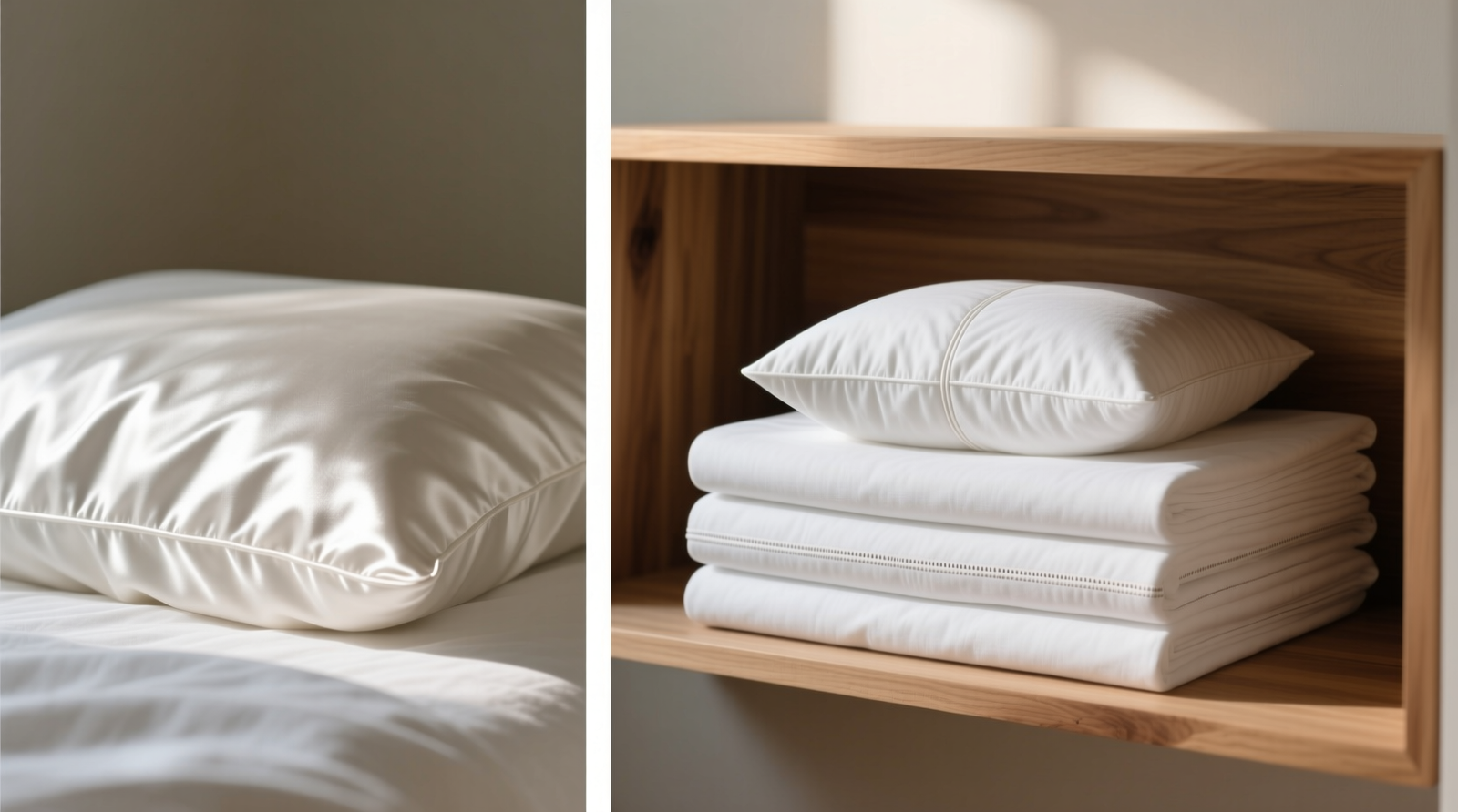 Side-by-side visual: left shows satin pillowcase neatly tucked inside a folded cotton pillowcase; right shows that cotton-wrapped unit placed atop a flat, aligned stack of cotton sheets in a shallow cedar-lined shelf