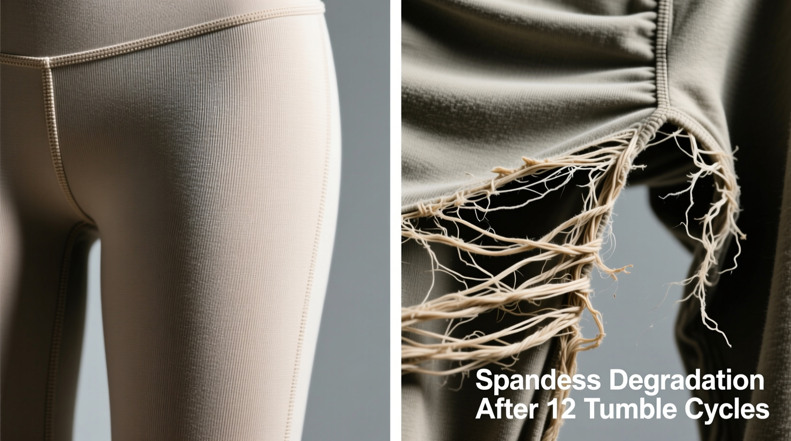 Side-by-side macro photos: left shows smooth, taut spandex weave on air-dried leggings; right reveals visibly stretched, frayed fiber loops and flattened texture on tumble-dried pair after 12 cycles