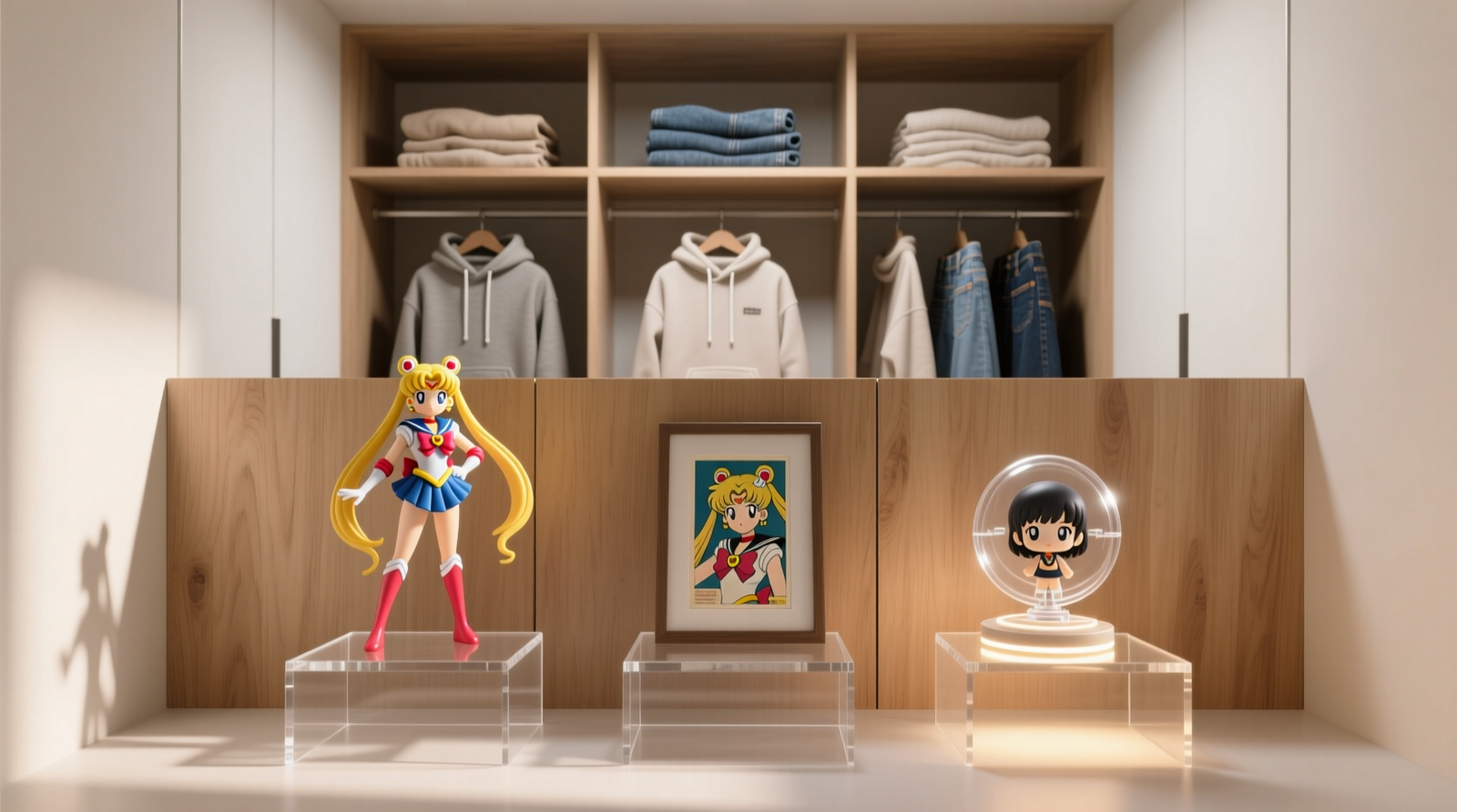 A clean, minimalist closet interior showing a light oak plywood divider spanning side walls; behind it, neatly stacked hoodies and folded jeans; in front, three staggered acrylic risers holding a 1/8-scale Sailor Moon figure, a framed anime poster sleeve, and a rotating Nendoroid display base