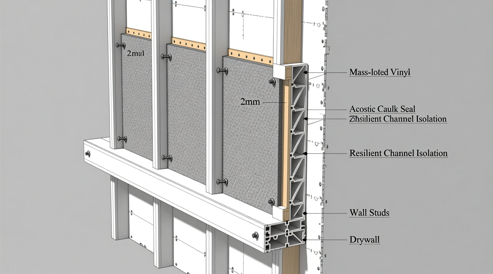 Close-up of a minimalist closet interior showing felt hangers, neoprene-lined shelves, and a discreet strip of mass-loaded vinyl mounted vertically behind hanging rods—no visible foam panels or clutter