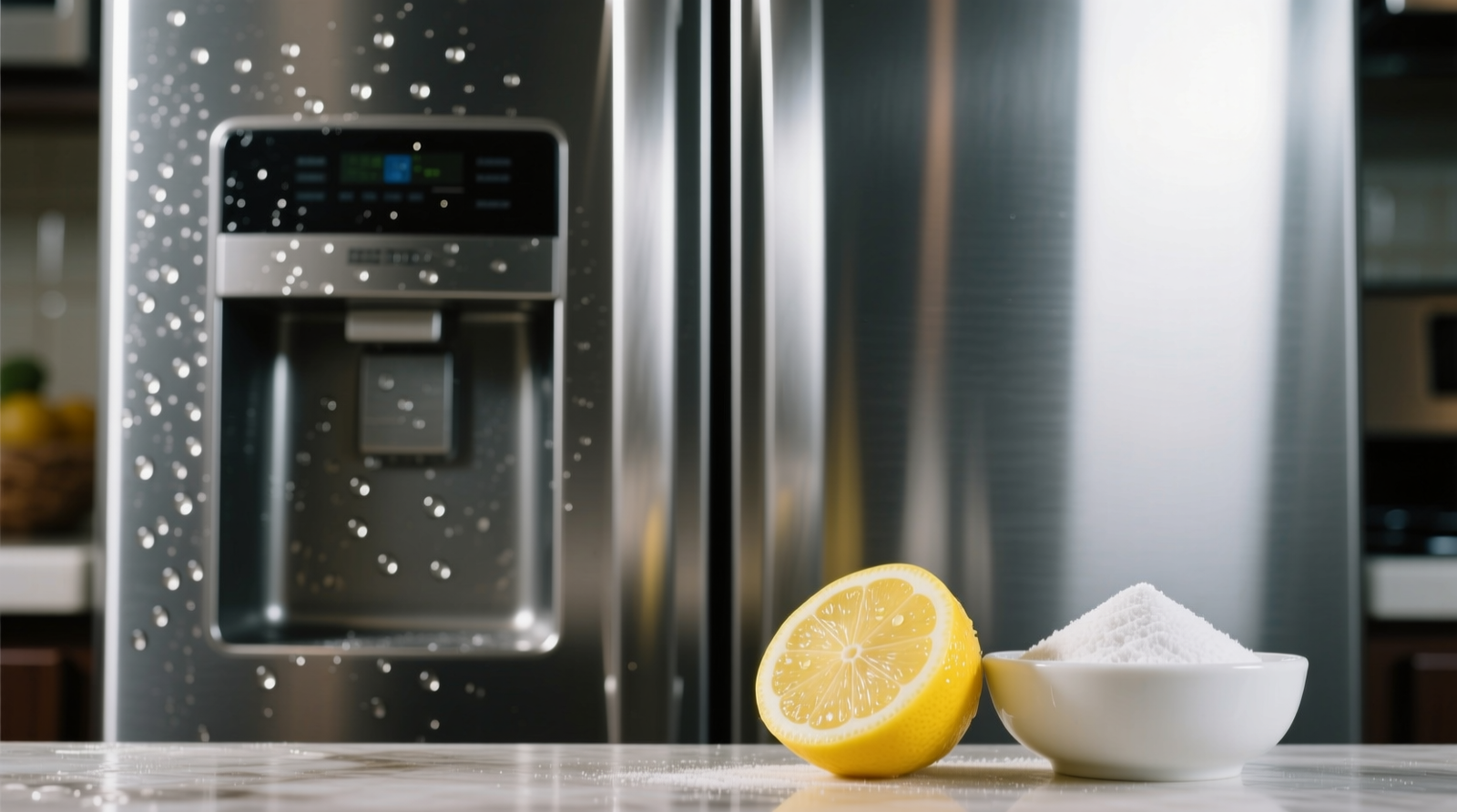 Close-up photo showing a stainless steel refrigerator door with visible water spots on the left side, and the same area freshly cleaned and gleaming on the right—both sides under identical kitchen lighting, with a lemon half and small pile of baking soda visible in the foreground