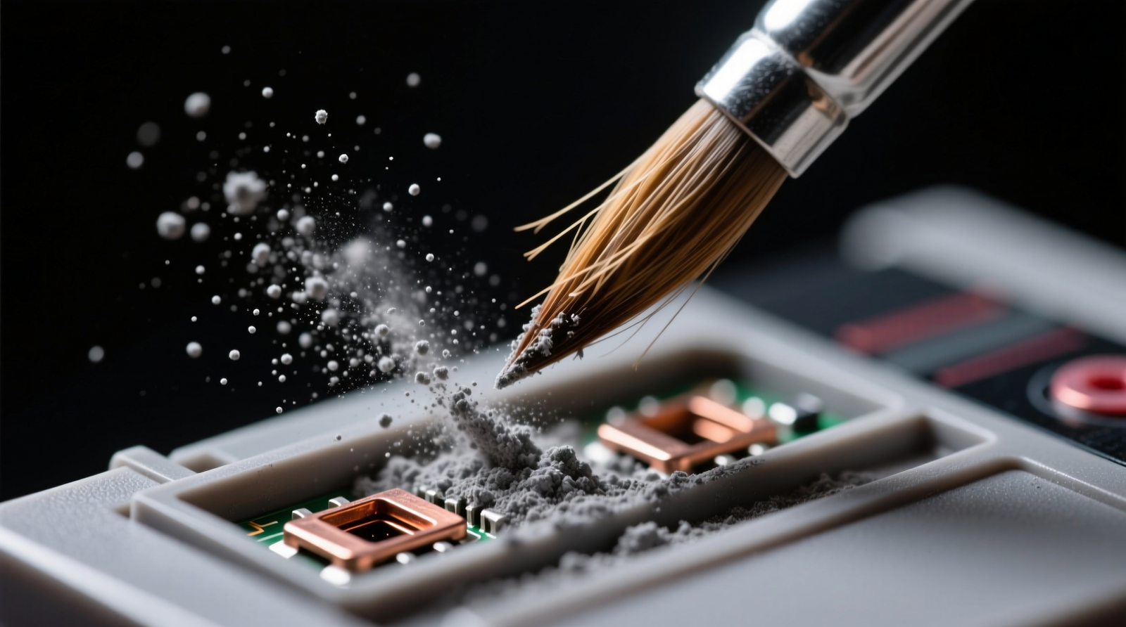 Close-up macro photograph showing a fine-tipped sable brush applying matte gray graphite powder to the exposed copper contacts inside an NES cartridge slot, with visible dust particles lifting away under directional airflow