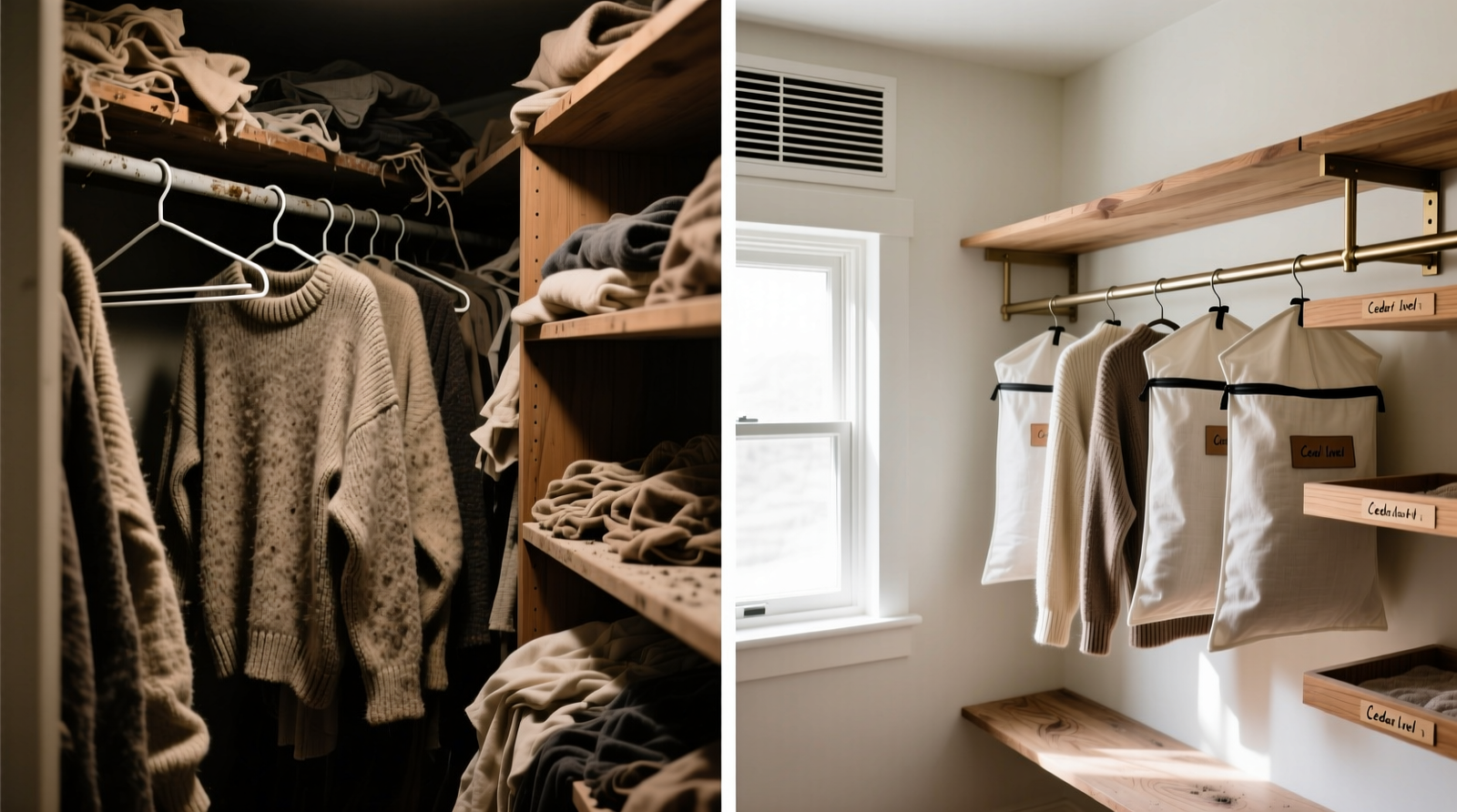 Side-by-side comparison: left shows a cluttered closet with visible dust on wool sweaters and hangers; right shows the same space after implementing cotton garment bags, labeled cedar-lined shelves, and a wall-mounted exhaust vent with clean metal rods