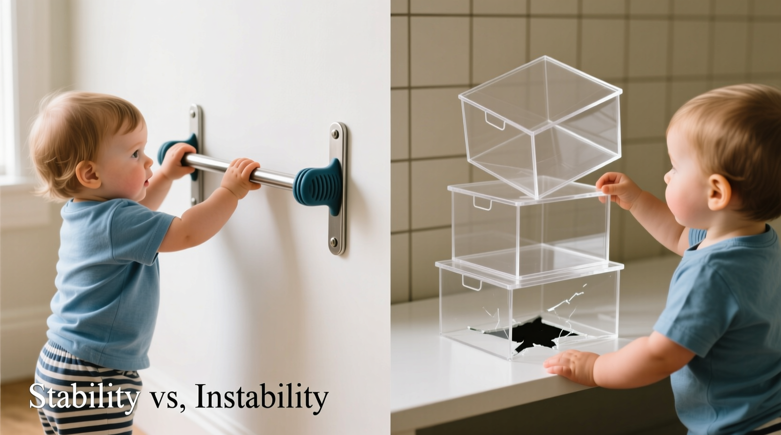 Side-by-side comparison showing a toddler pulling gently on a rubber-gripped metal shelf divider (stable, unmoved) versus the same child grasping the top acrylic box in a three-tier stack (boxes visibly leaning, bottom box lifting off shelf)