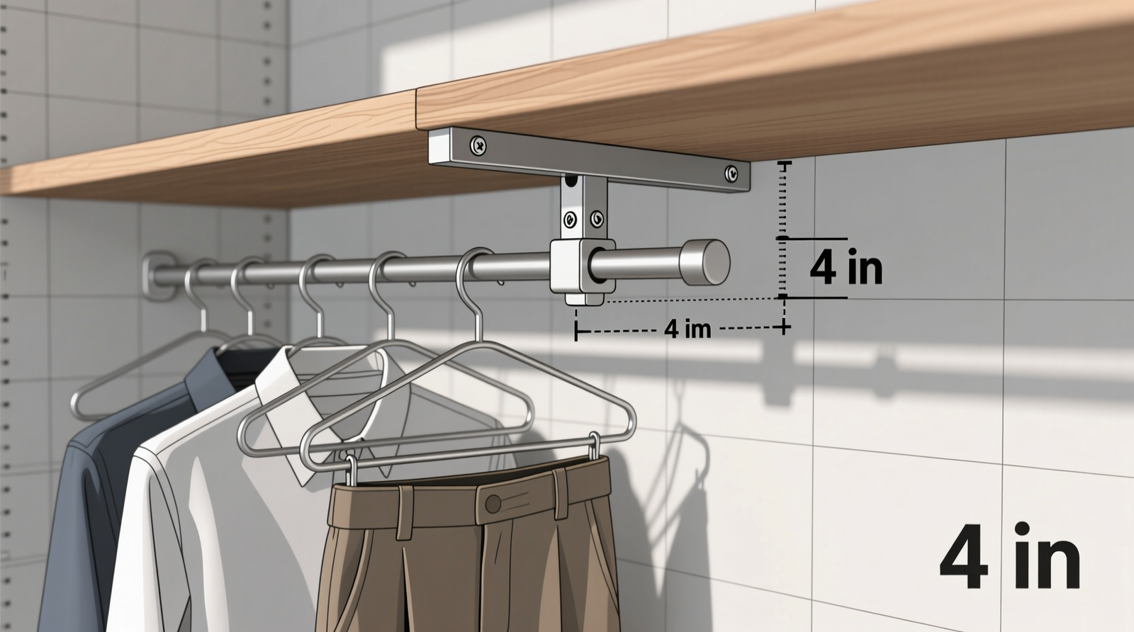 Side-view diagram showing a closet rod extender bracket mounted beneath a wooden shelf, projecting the hanging rod 4 inches forward into open space, with properly spaced hangers holding shirts and slacks without contact to rear wall
