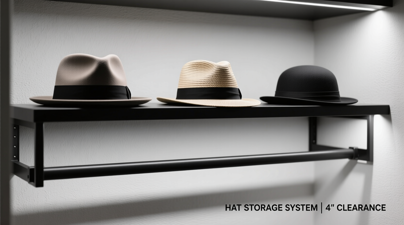 Two-tier closet shelf with matte-black adjustable risers holding three structured hats—fedora, panama, and cloche—each placed brim-down on the upper level, with 4-inch clearance between tiers and no contact between brims and shelf surface