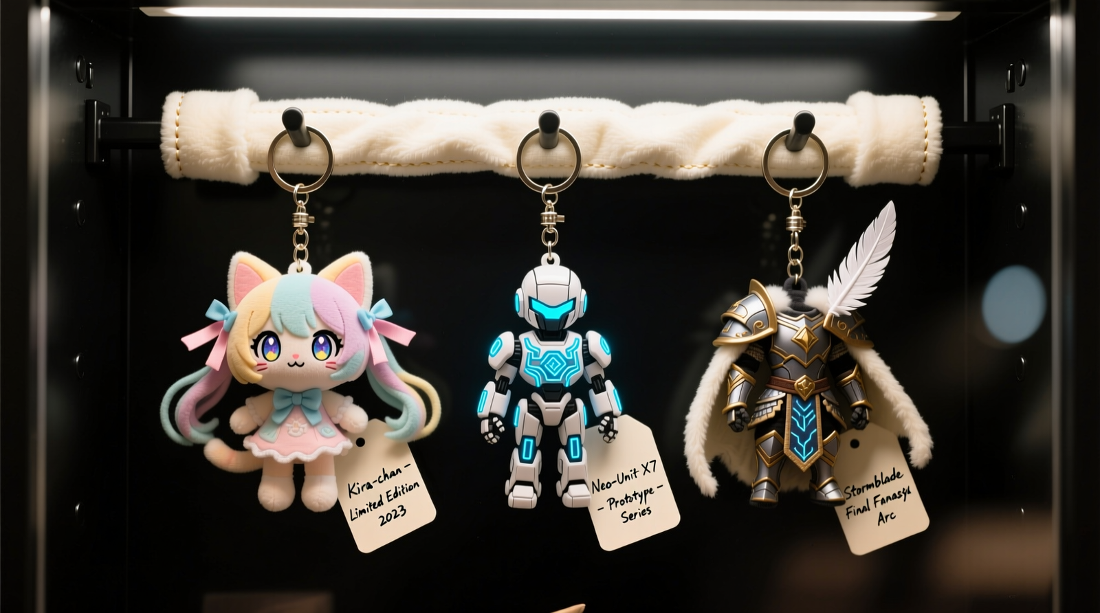 A minimalist white closet interior showing three vertically mounted shadowbox frames, each holding 8–10 anime plush keychains suspended from silicone-coated S-hooks on black acid-free foam backing. No visible sunlight enters the frame; ambient LED lighting casts soft, even illumination.