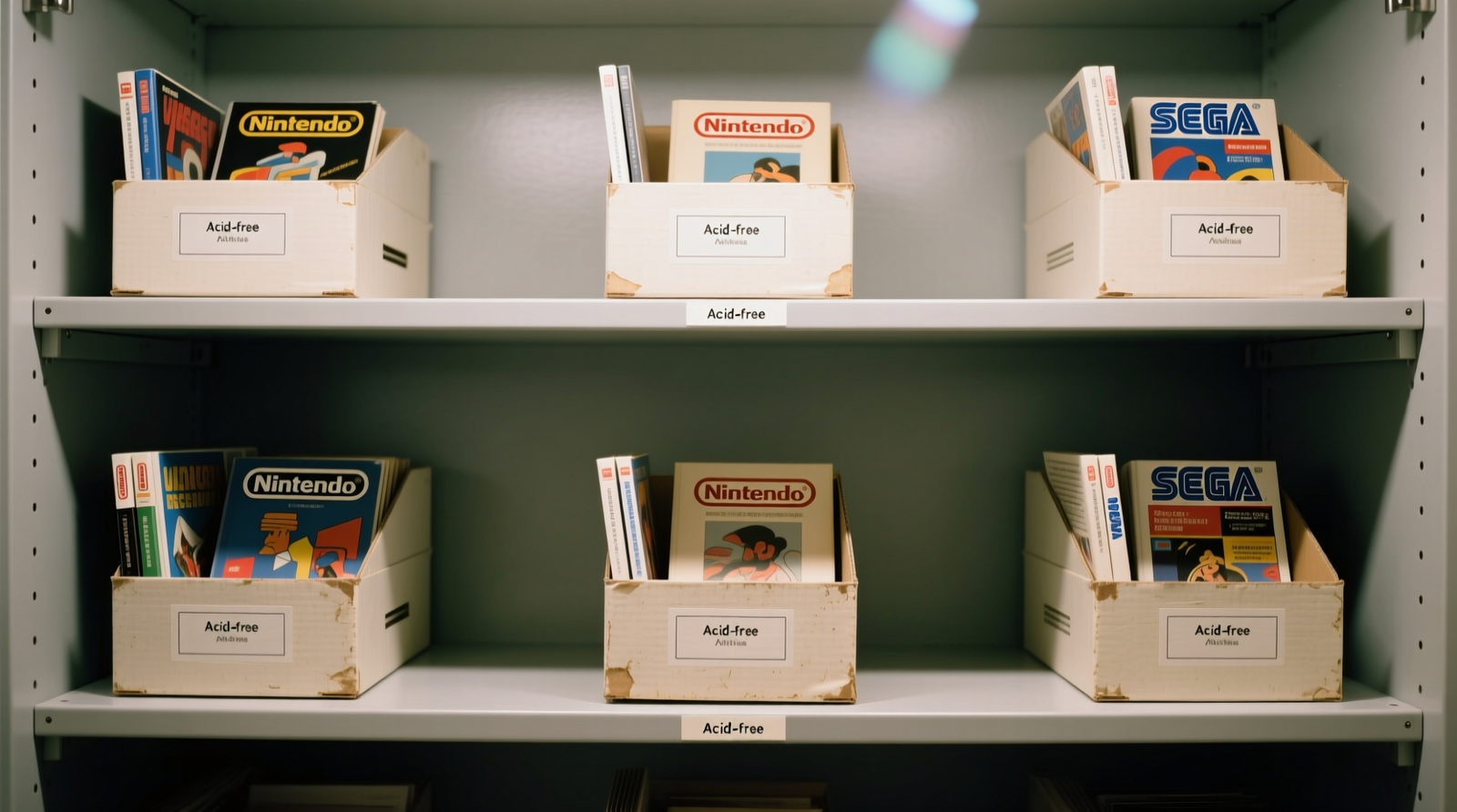 Three-tier metal shelving unit holding labeled, uniform archival boxes; each box contains upright vintage game manuals visible through clear polypropylene front panels; silica gel packets sit visibly atop boxes; hygrometer reads 46% RH on middle shelf