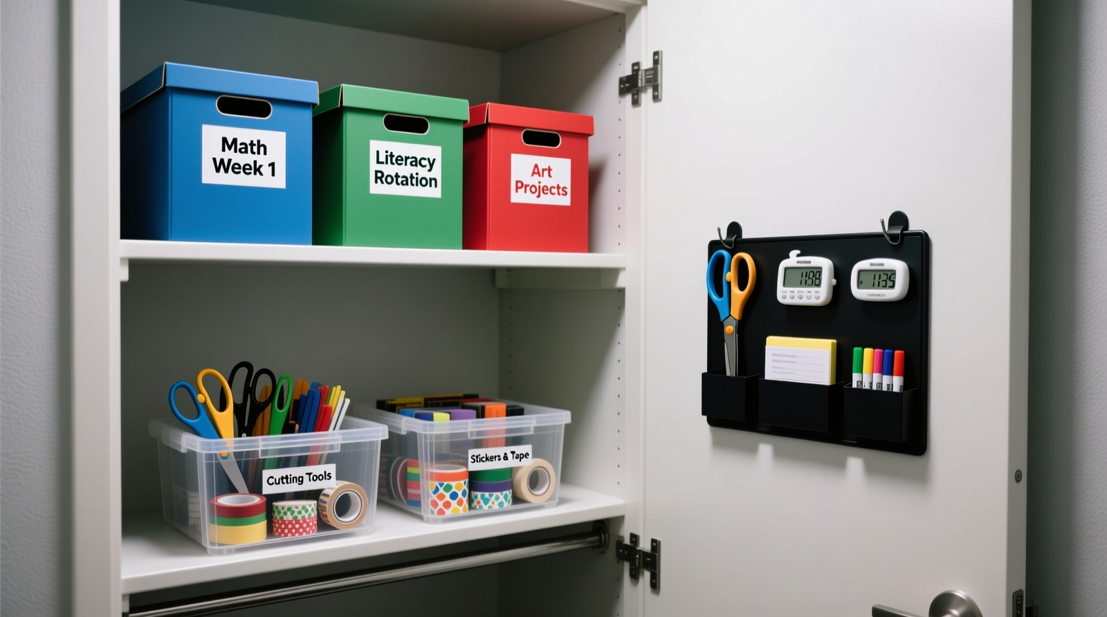 A narrow reach-in closet with three labeled, upright file boxes on the top shelf (‘Math Week 1’, ‘Literacy Rotation’, ‘Art Projects’), two clear stackable bins below (‘Cutting Tools’, ‘Stickers & Tape’), and an over-the-door organizer holding scissors, timers, and dry-erase markers—everything within easy reach, zero visual clutter.