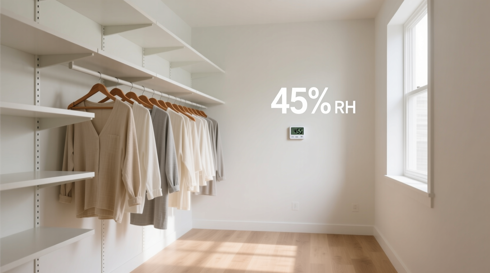 A minimalist closet shelf showing vertical archival boxes labeled 'LP Totes • Q3 2024', separated by 8 inches from hanging wool coats; each box contains cotton-lined compartments holding unfolded tote bags standing upright with spines facing outward