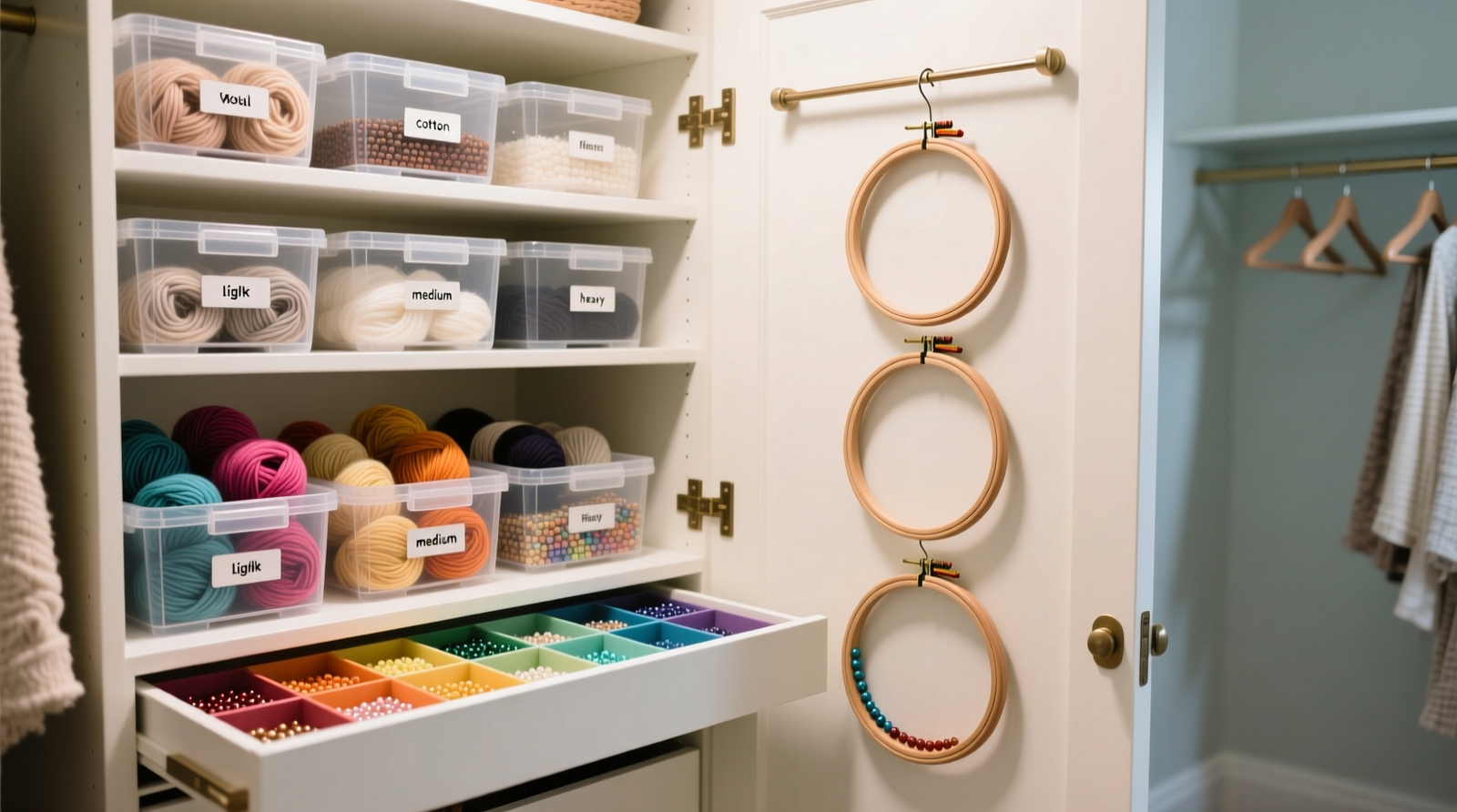 A well-lit closet interior showing open acrylic bins of yarn sorted by fiber and weight, tiered bead drawers with color-coded wells, and embroidery hoops hung vertically on a slim tension rod attached to the inside of the closet door—all fully visible without bending or reaching