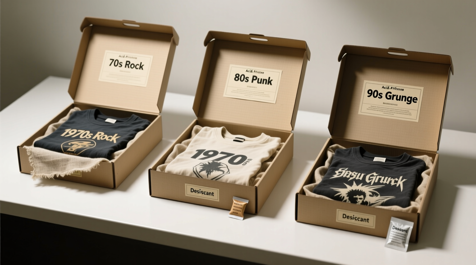 Three acid-free archival boxes labeled '70s Rock', '80s Punk', and '90s Grunge', each opened to reveal vintage band tees laid flat with unbleached muslin between layers and a small silica gel packet visible in the corner.