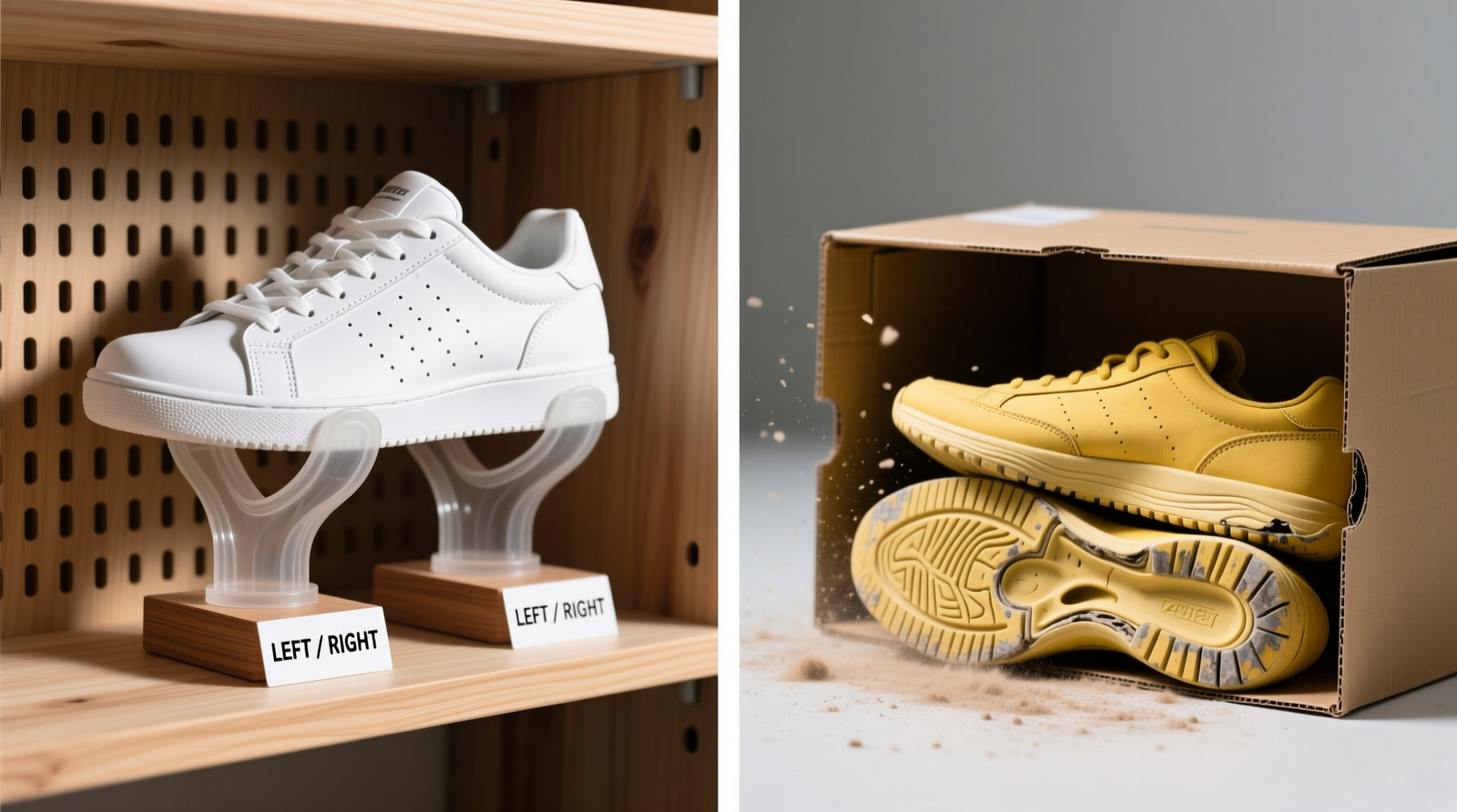Side-by-side comparison: left shows sneakers stored upright on ventilated wooden shelf with polyethylene arch trees and labeled orientation tags; right shows yellowed, flattened soles from cardboard-box storage with visible creasing and discoloration