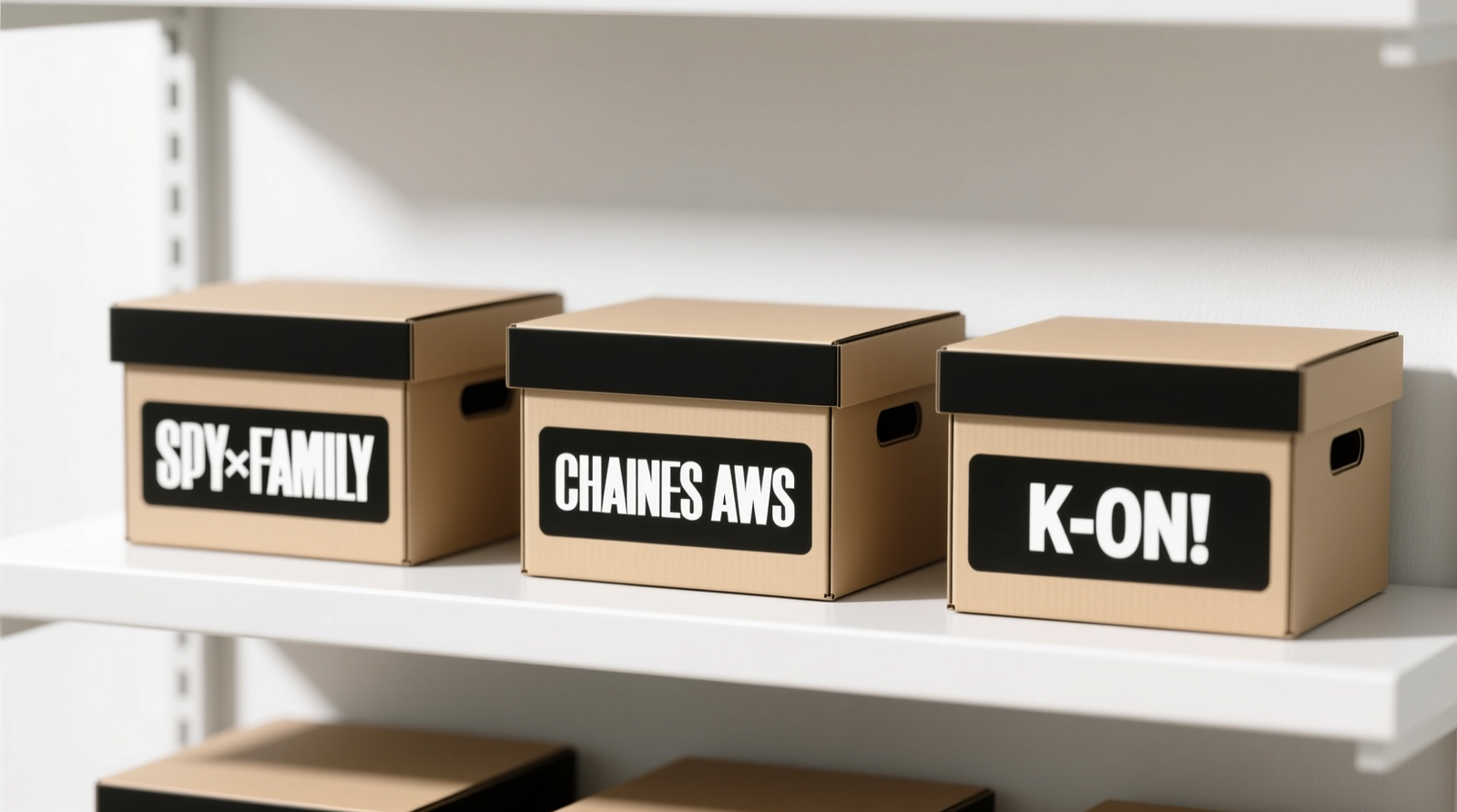 Three uniform anime merch storage boxes on a white shelf, each with a centered 1.5-inch-wide matte black label strip across the lid bearing bold white text: 'SPY x FAMILY', 'CHAINS AWS', 'K-ON!'. Boxes are spaced evenly, lids fully closed, no stacking.