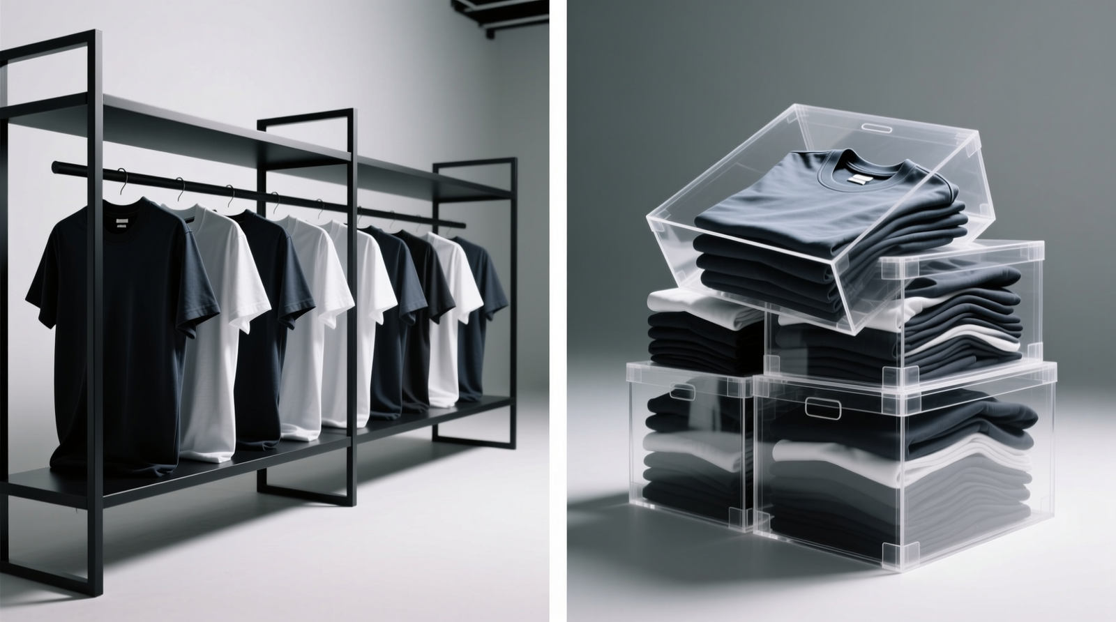 Side-by-side comparison: left shows neatly file-folded t-shirts standing upright behind a matte-black metal shelf divider; right shows same t-shirts crammed into clear acrylic boxes with visible leaning and top layer partially slid forward