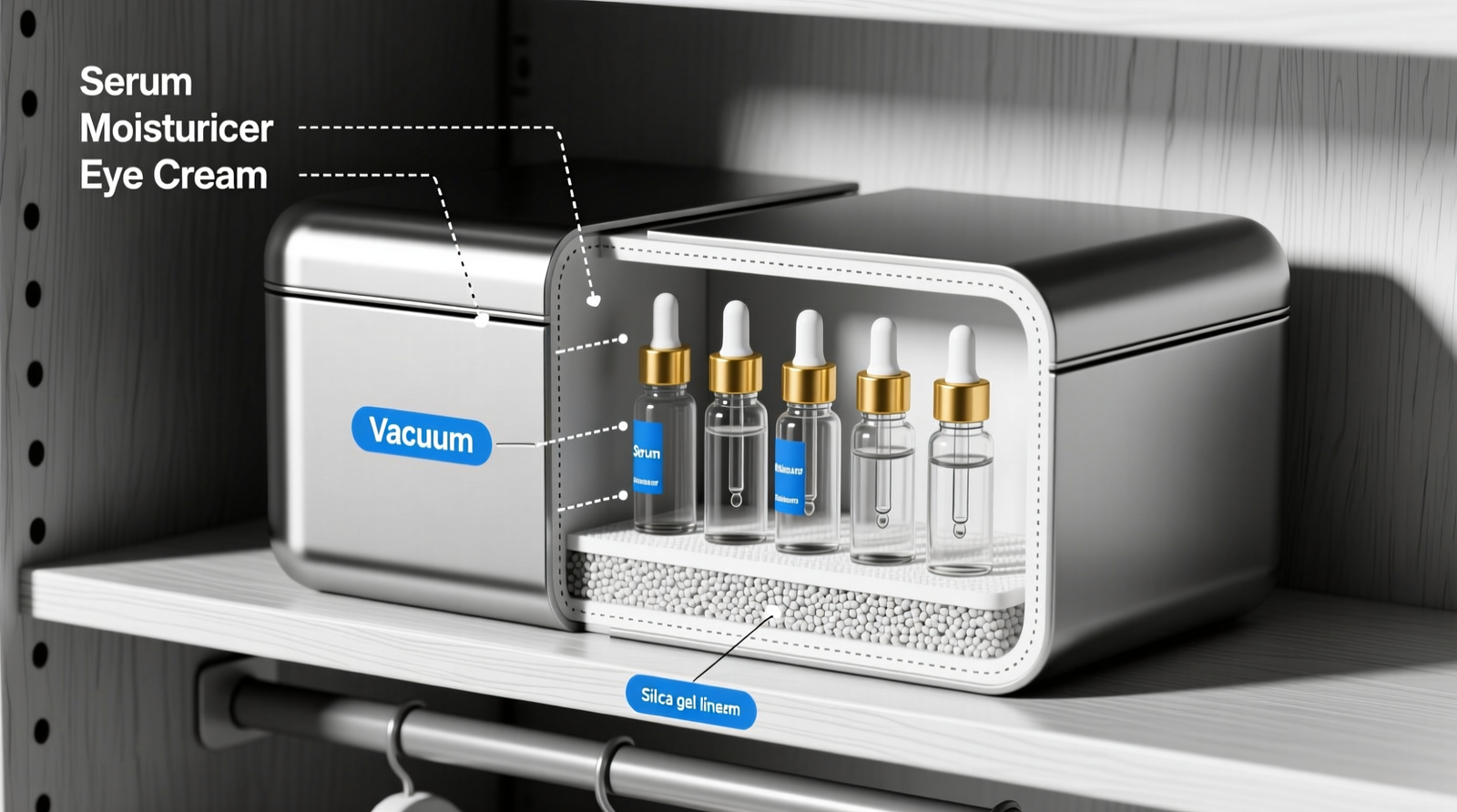 Cross-section diagram showing a vacuum-insulated container inside a closet shelf, with labeled layers: outer stainless steel wall, vacuum gap, inner food-grade liner, silica gel mat, and upright skincare vials with sealed droppers