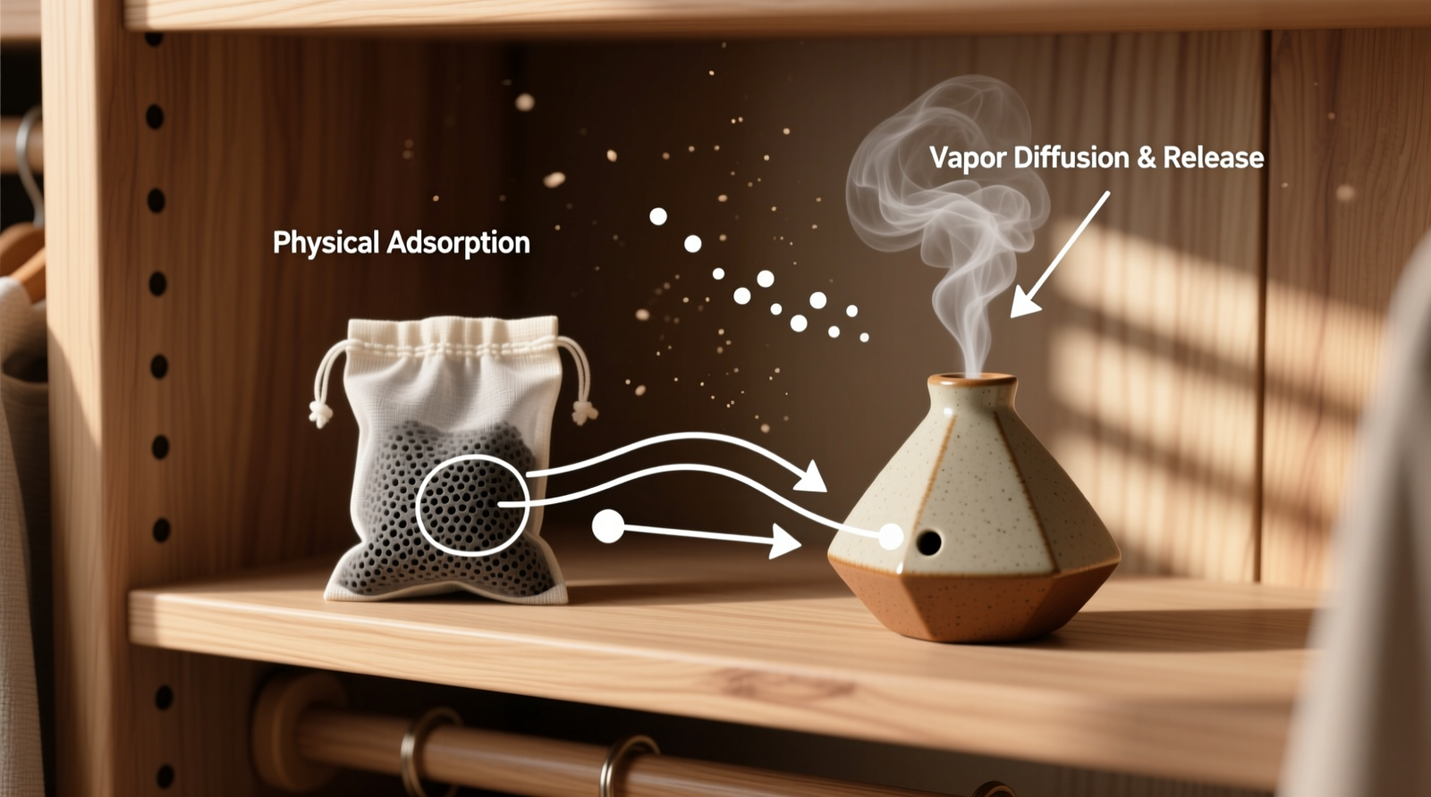 Side-by-side comparison: activated charcoal sachet inside a cedar-lined closet shelf next to a ceramic scent diffuser emitting visible vapor, with labeled arrows indicating airflow paths and molecular adsorption zones