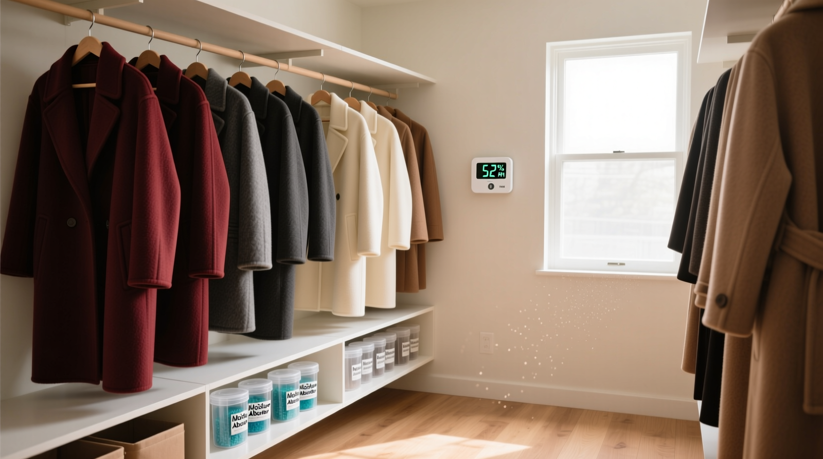 A well-organized closet showing wool coats on wide padded hangers, spaced evenly, with visible silica gel canisters on lower shelves and a small wall-mounted hygrometer reading 52% RH