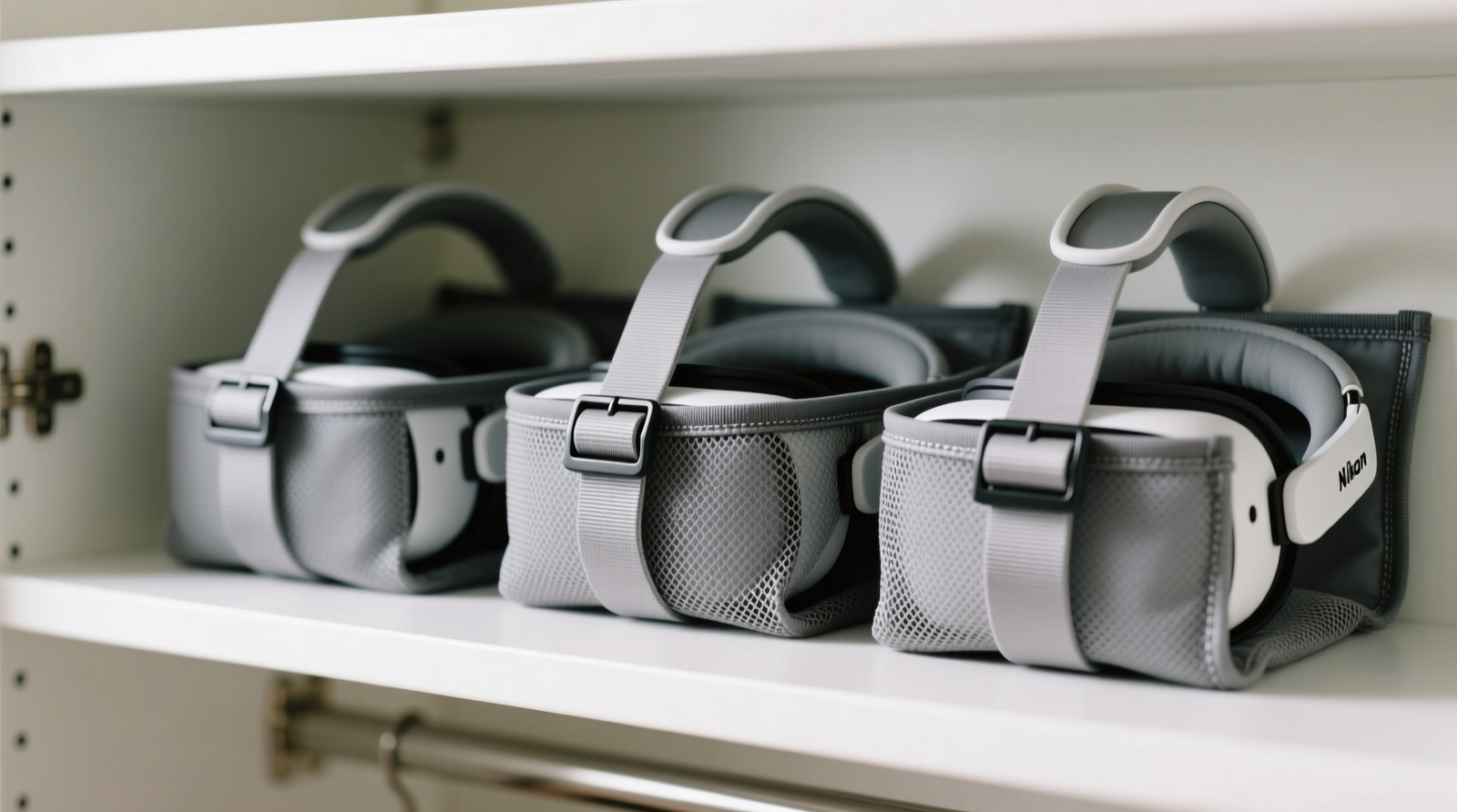 Close-up photo showing three VR headset straps stored vertically in separate gray polyester mesh pockets mounted side-by-side on a white closet shelf; each strap lies flat with buckles upright and padding fully visible, no overlapping or compression