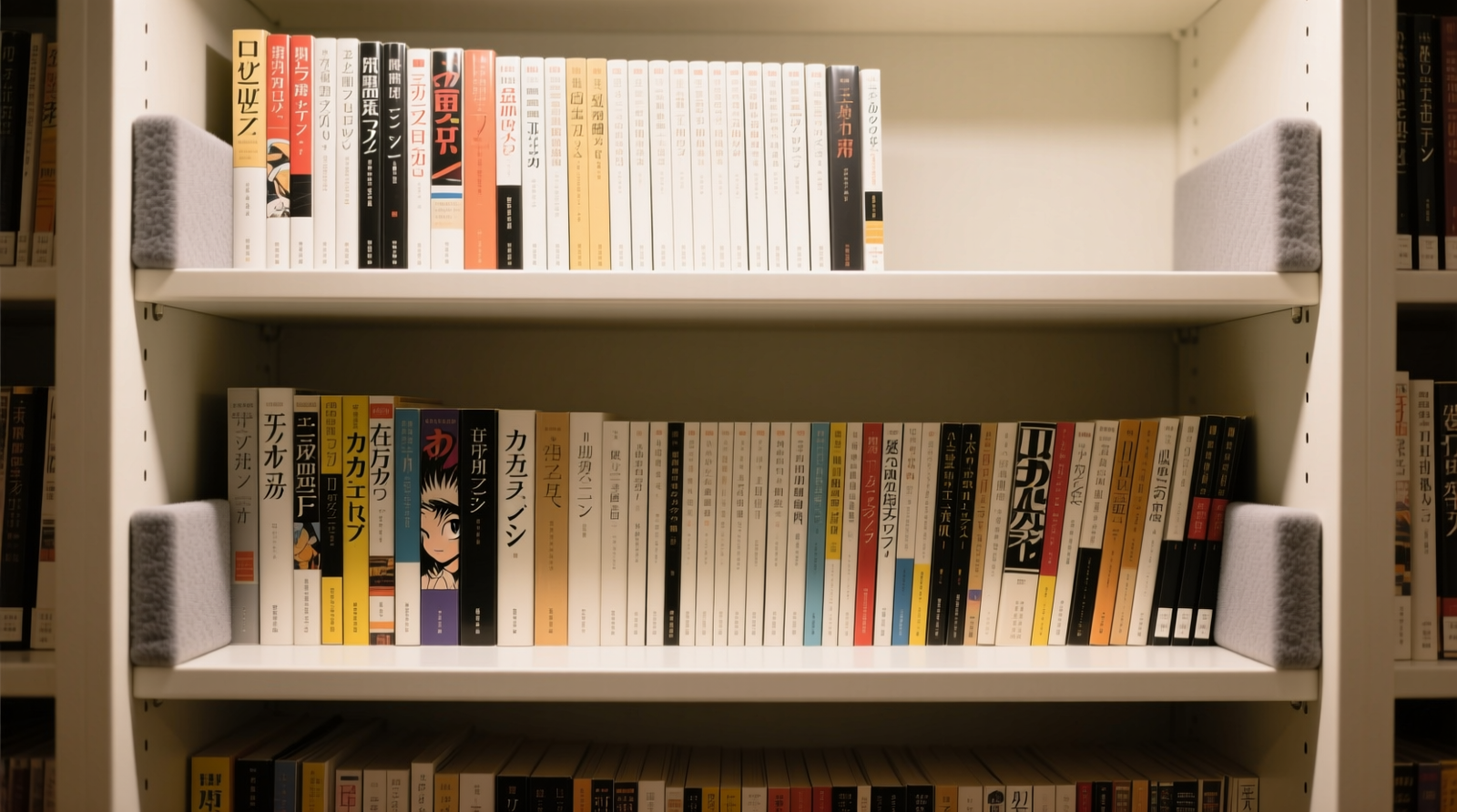 Close-up of a closet interior showing three-tier vertical shelving with labeled manga stacks, each row backed by off-white archival board and separated by padded bookends; spines are flush, aligned, and uncurled