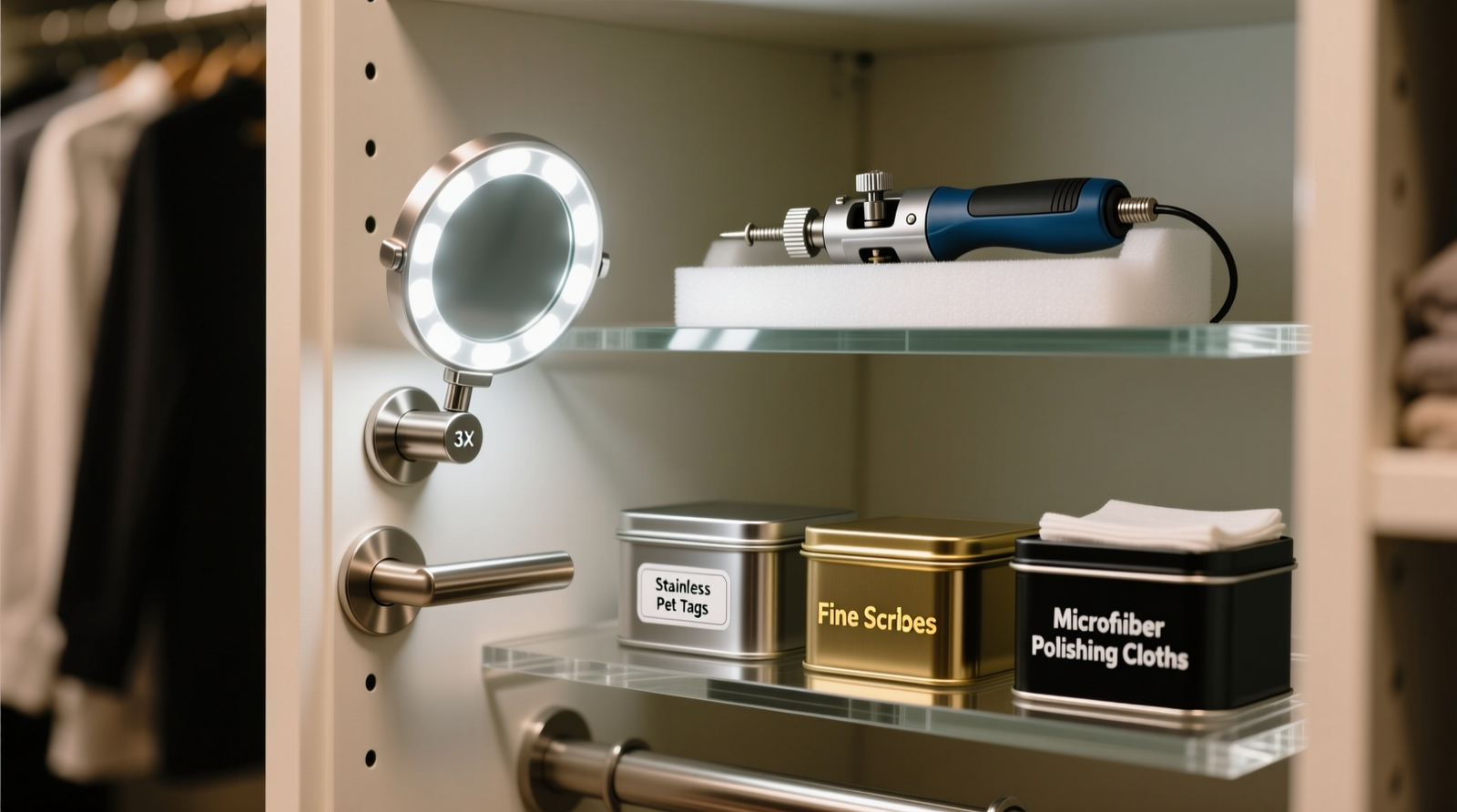 Close-up of a closet interior door with a sleek 3x LED magnifier mounted near the handle, a compact rotary engraver secured in a foam-lined acrylic cradle on a floating shelf, and three labeled magnetic tins holding stainless pet tags, fine scribes, and microfiber polishing cloths—all bathed in even, shadow-free light