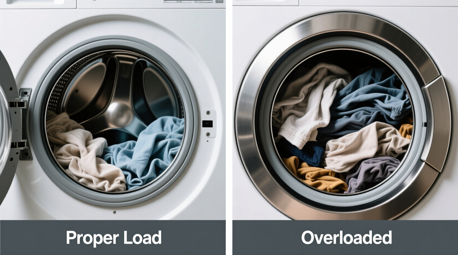 Side-by-side comparison: a properly loaded washing machine drum with visible space between garments versus an overloaded drum where clothes are tightly compressed and overlapping