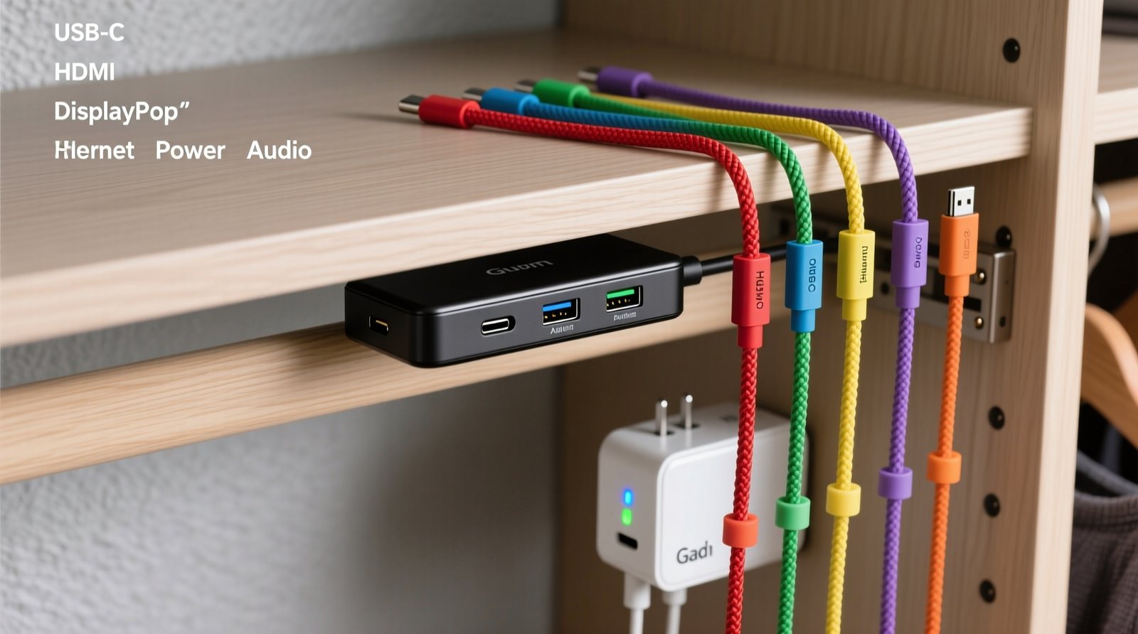 Overhead view of a closet shelf with a slim black USB-C hub mounted under the front lip, six color-coded braided cables running vertically down the right shelf side into a neatly labeled wall-mounted GaN charger, no visible tangles or exposed wire