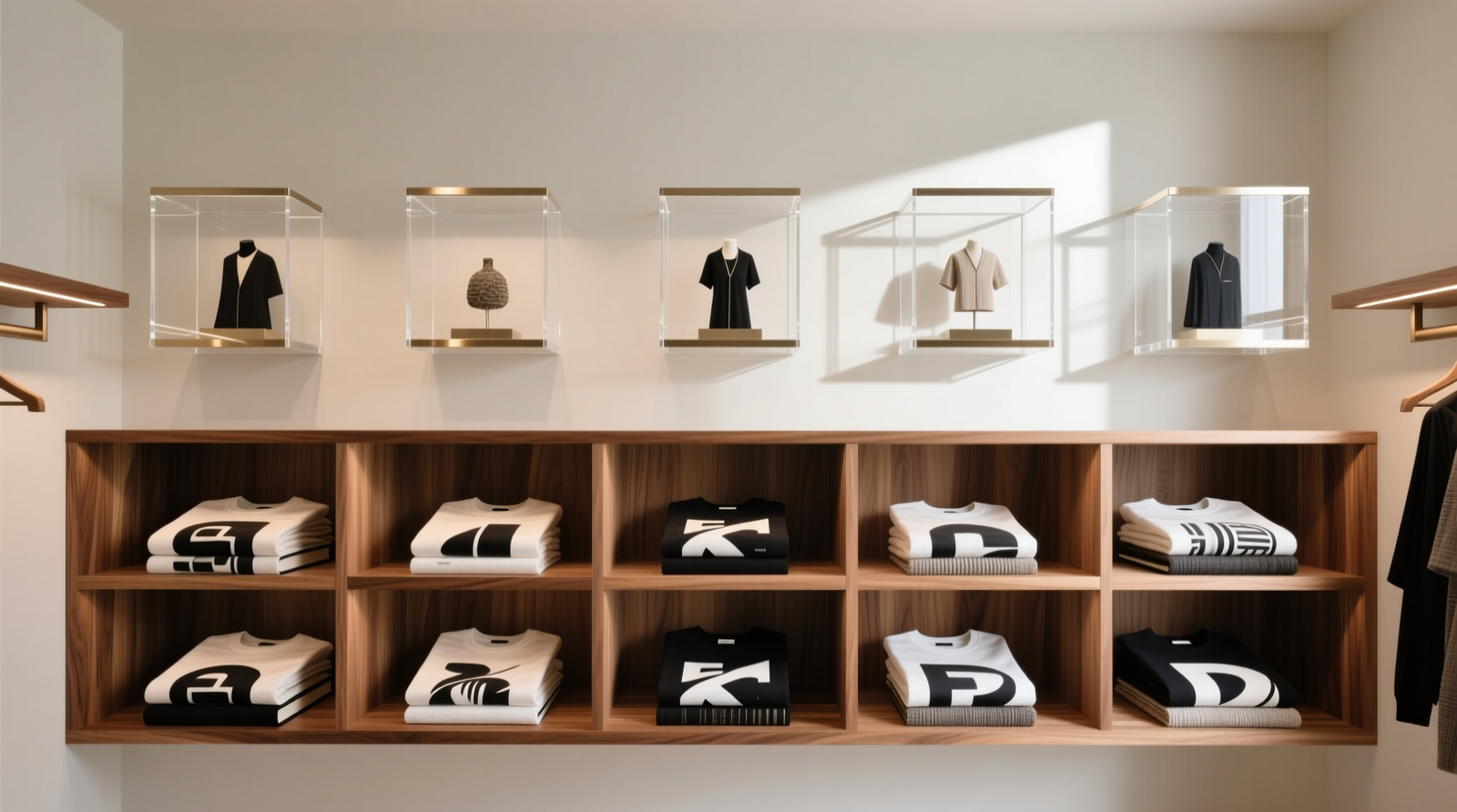 A minimalist closet showing wall-mounted acrylic display cases aligned at top, cedar-lined open shelves below holding oversized graphic tees folded upright like books, all in neutral-toned lighting with consistent 2-inch spacing between items