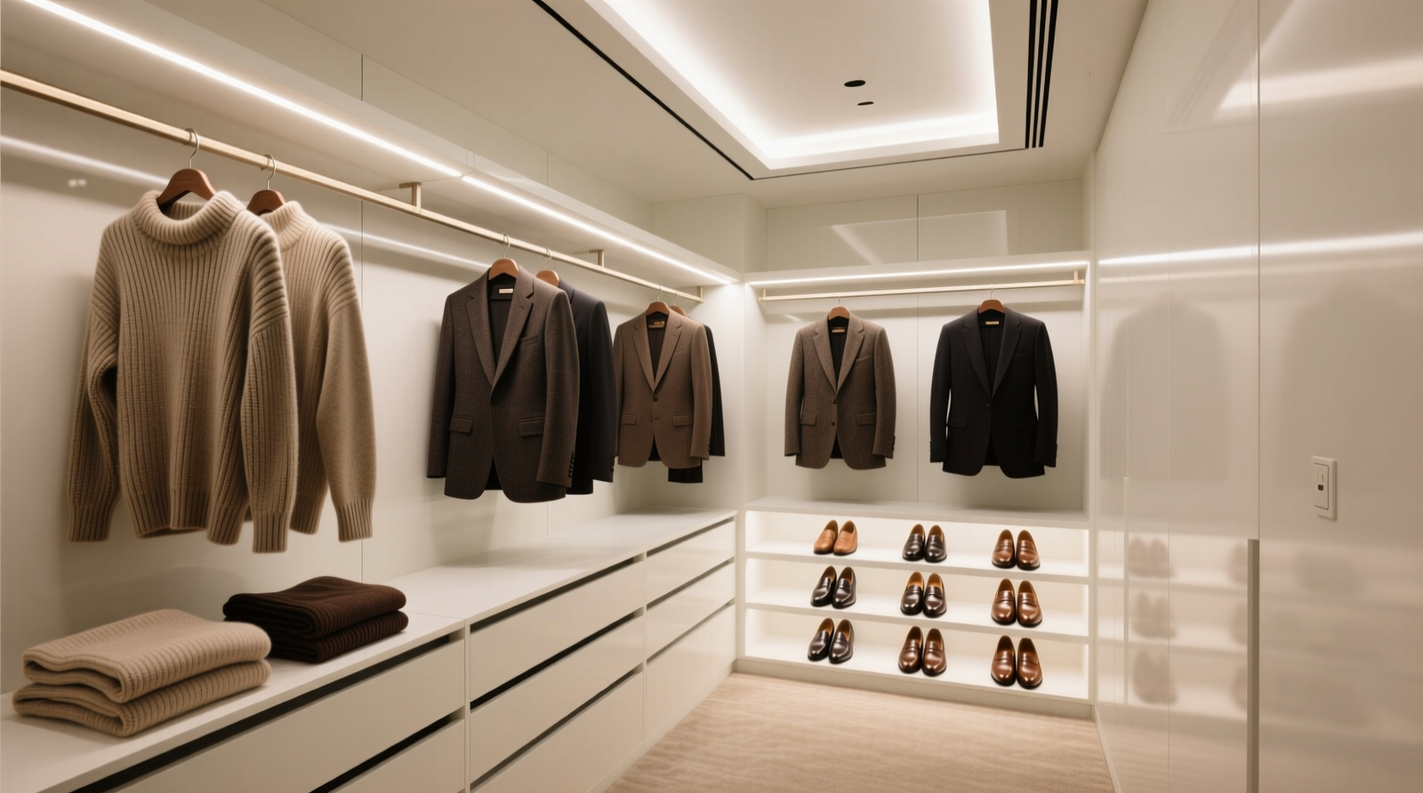 A well-organized walk-in closet with warm-white LED strips mounted along the top edge of hanging rods and beneath lower shelves, casting even, shadow-minimized light across folded sweaters, hanging blazers, and shoe racks—no visible wires or switches