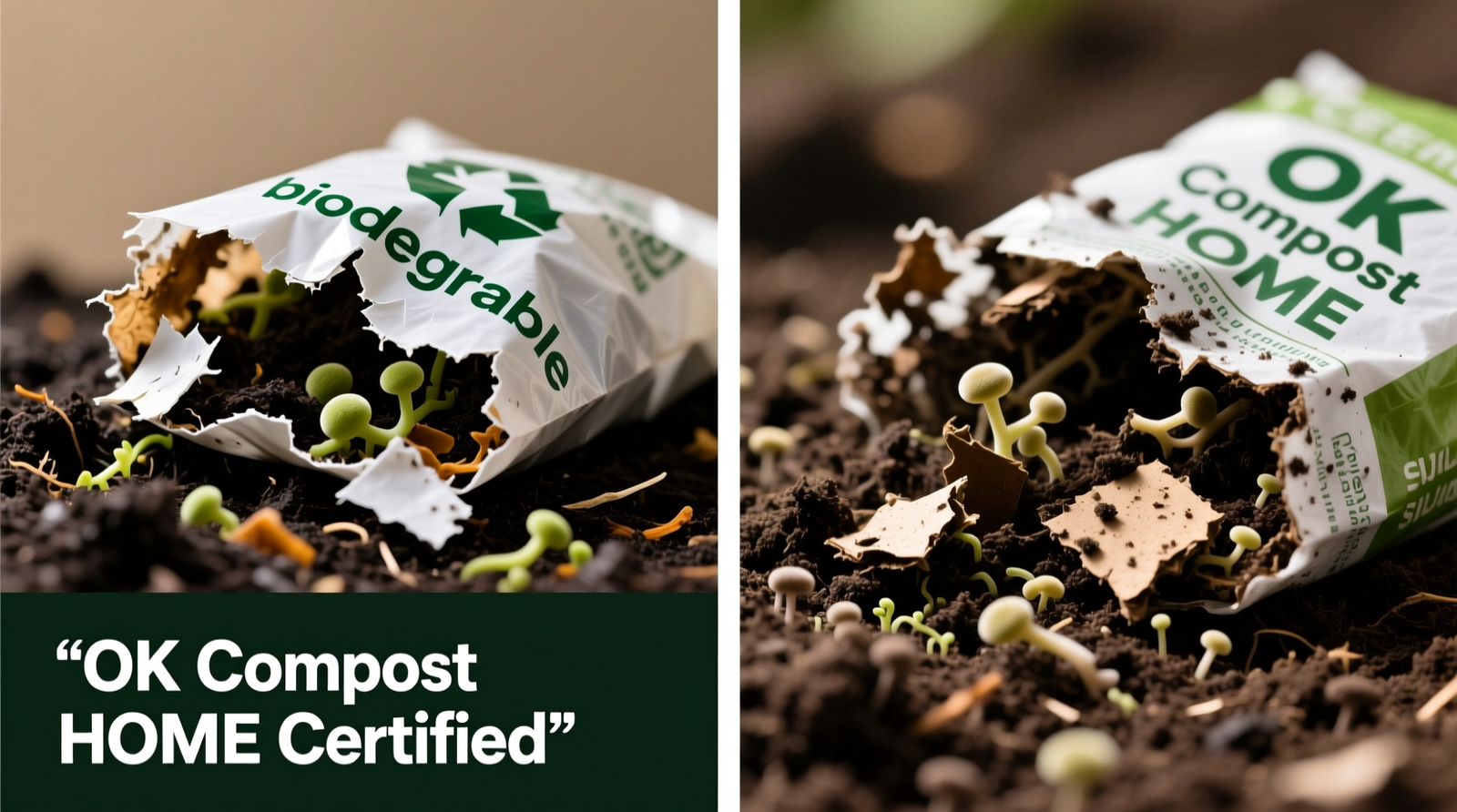 Side-by-side comparison: left shows intact, shredded 'biodegradable' bag fragments embedded in finished compost; right shows crumbled, indistinguishable remnants of a certified OK Compost HOME bag fully integrated into dark, friable soil