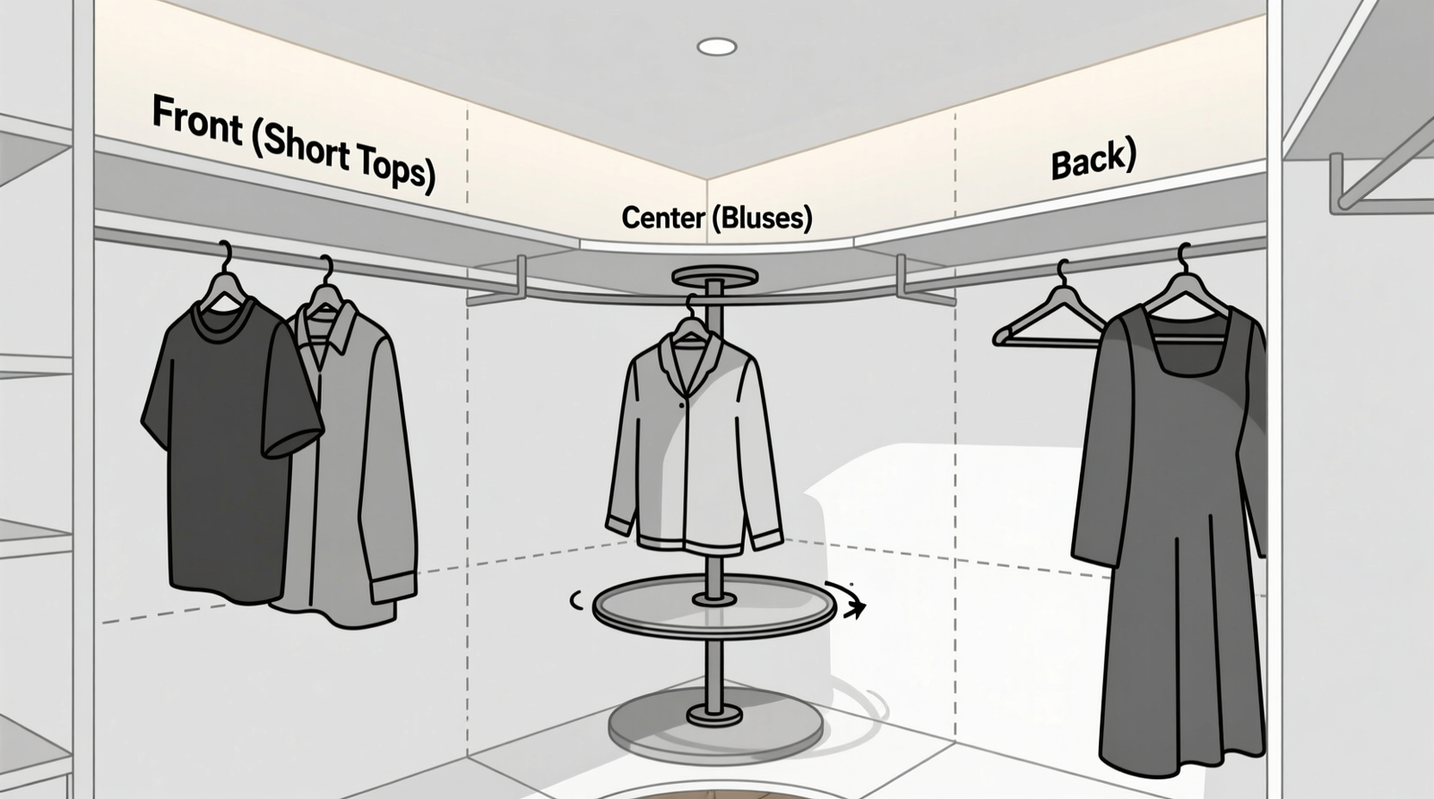 Side-view diagram of a 20-inch-deep petite closet showing a low-profile rotating carousel mounted at sternum height on the rear wall, with three hanging zones clearly labeled: front (short tops), center (blouses), back (long dresses)—all fully visible during rotation