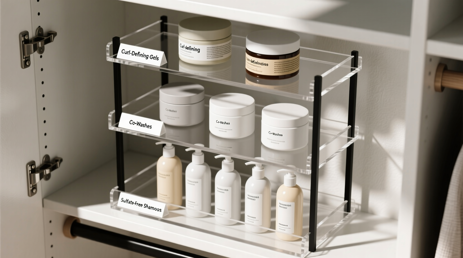 A well-lit closet shelf showing three clearly labeled, uniformly sized acrylic bins: left bin holds sulfate-free cleansers in upright amber bottles; center bin contains leave-in conditioners and curl creams in squat, wide-mouth jars lying horizontally on grippy silicone pads; right bin displays gels and mousses upright in staggered heights with angled label visibility