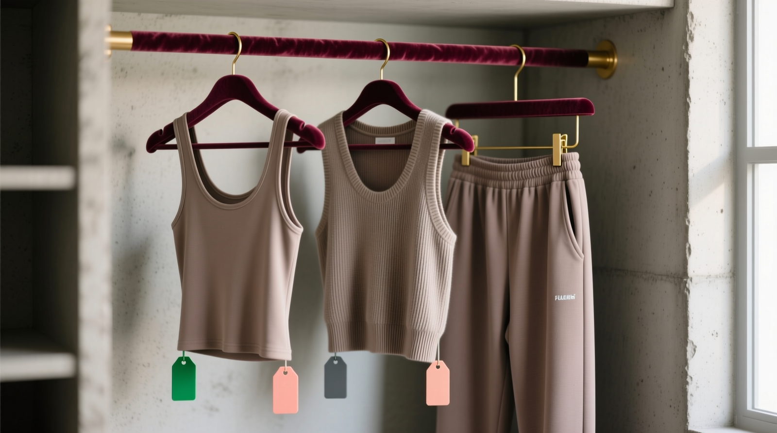 A narrow 24-inch closet section showing three coordinated athleisure sets hung vertically: each set includes a base tank, lightweight knit vest, and tapered jogger, all clipped together on a single velvet hanger with color-coded silicone tags