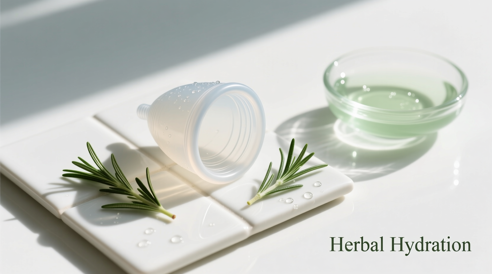 Top-down photo of a translucent silicone menstrual cup storage case resting upside-down on a white ceramic tile under bright midday sunlight, with two sprigs of fresh rosemary and a small glass dish containing pale green infused water beside it