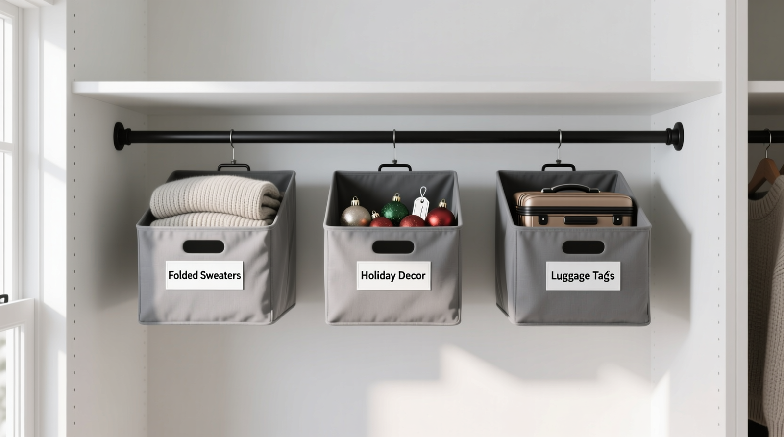 A white closet interior showing a matte-black tension rod installed horizontally 4 inches below the ceiling, holding three shallow, labeled gray bins containing folded sweaters, holiday decor, and luggage tags—each bin fully contained within the rod’s span, with visible 3-inch clearance above