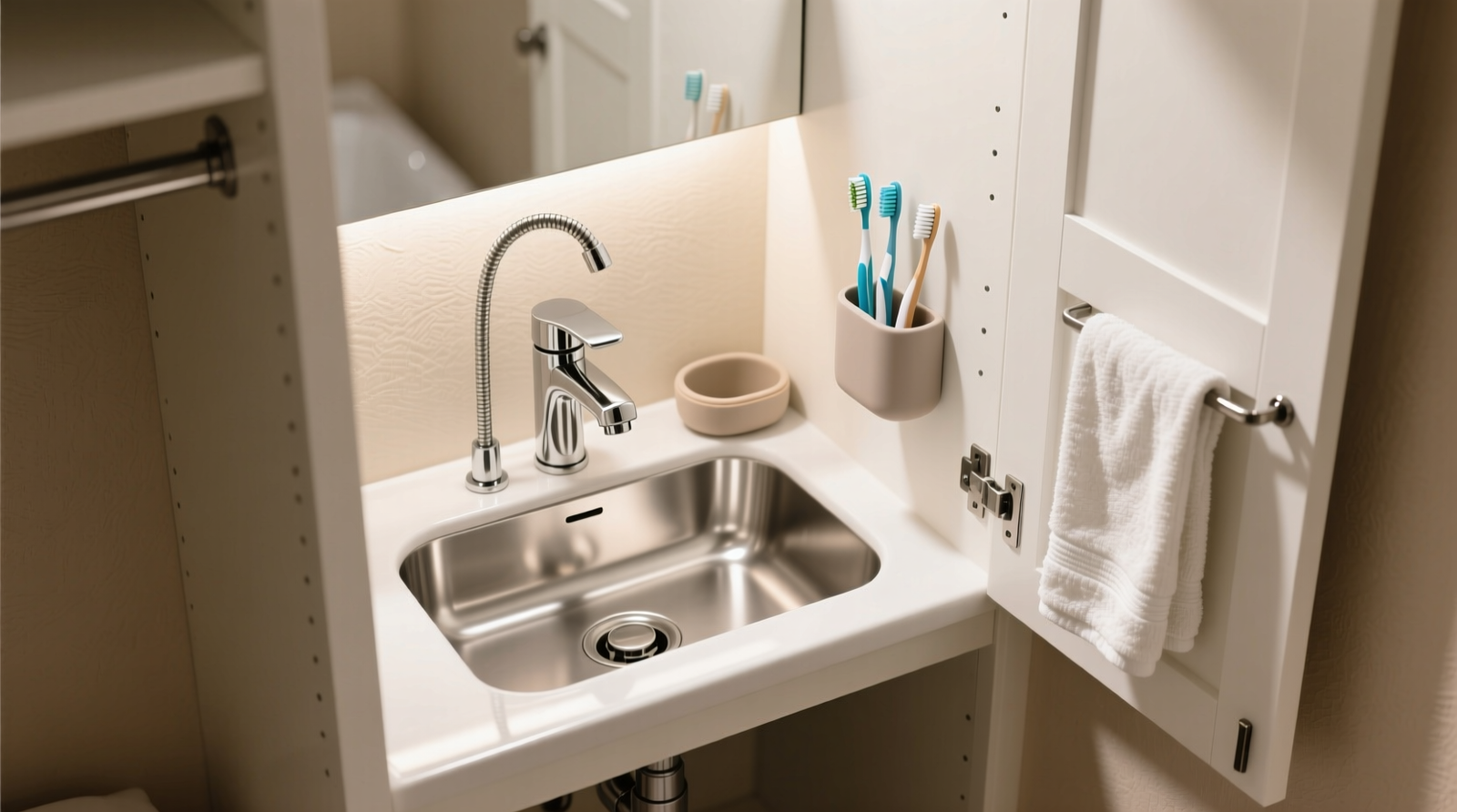 Overhead view of a shallow closet vanity with white shaker doors open to reveal a stainless steel basin mounted beneath a pull-down faucet diverter, magnetic toothbrush holder on left panel, silicone toothpaste caddy affixed to basin rim, and folded microfiber towel suspended from interior door hook