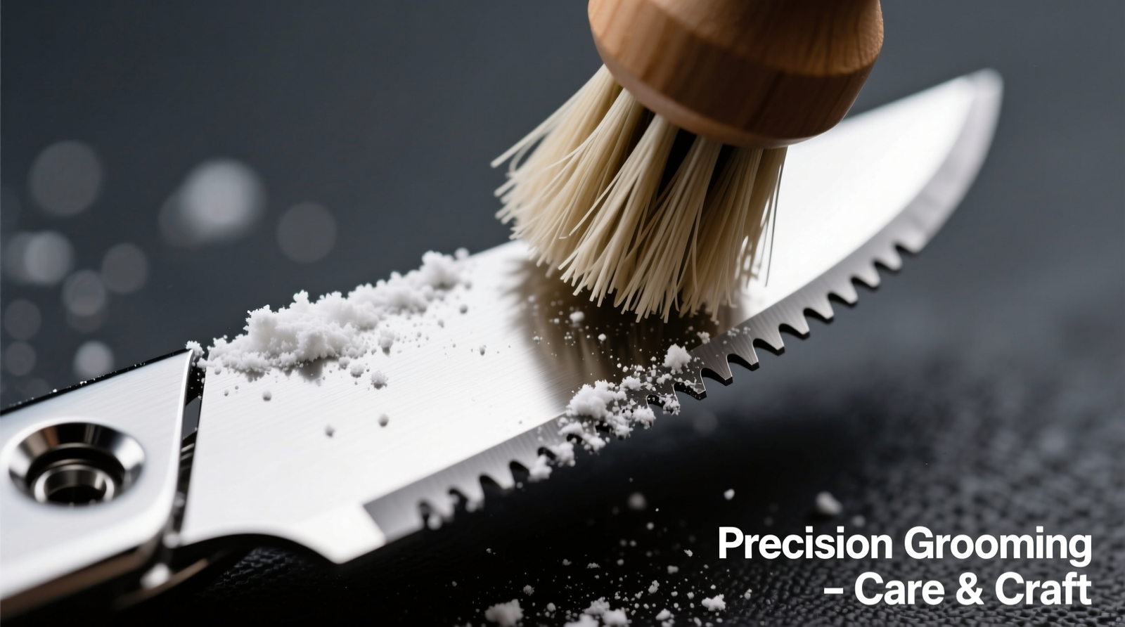 Close-up of a stainless-steel pet clipper blade with fine white cornstarch powder evenly distributed along cutting edges, being gently brushed with a compact boar-bristle grooming brush