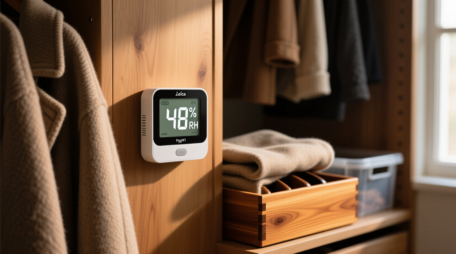 Digital hygrometer mounted on interior closet wall beside wool coat and cedar-lined shoebox, with visible 48% RH reading on display