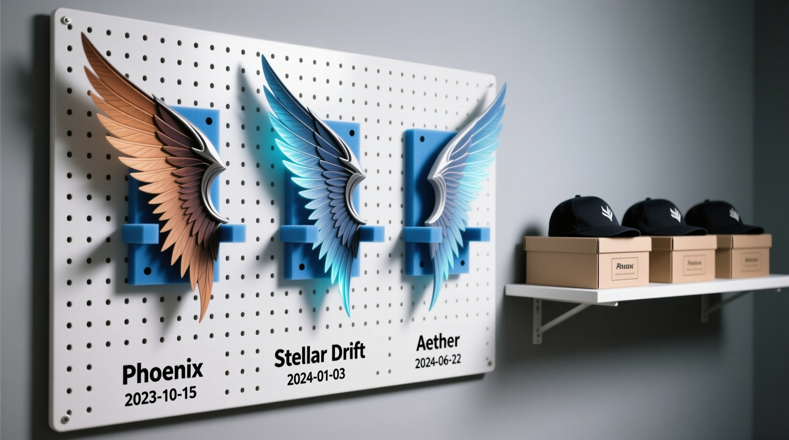 A white-painted pegboard wall with three vertical cosplay wings mounted on custom-cut blue polyethylene foam supports; each wing rests fully supported along its entire lower curve, with no sagging or contact between pieces. Beside it, a row of archival hat boxes sits on a shelf, labeled with wing names and dates.