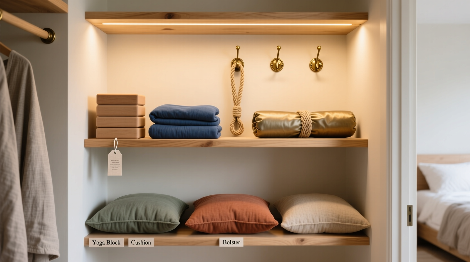 A narrow linen closet transformed: light wood floating shelf holds neatly stacked yoga blocks and a folded indigo meditation cushion; wall-mounted brass hooks display a jute strap and rolled bolster; lower shelf features three plump, textured cushions in muted earth tones; all surfaces uncluttered, warm lighting, no visible labels except discreet linen tags