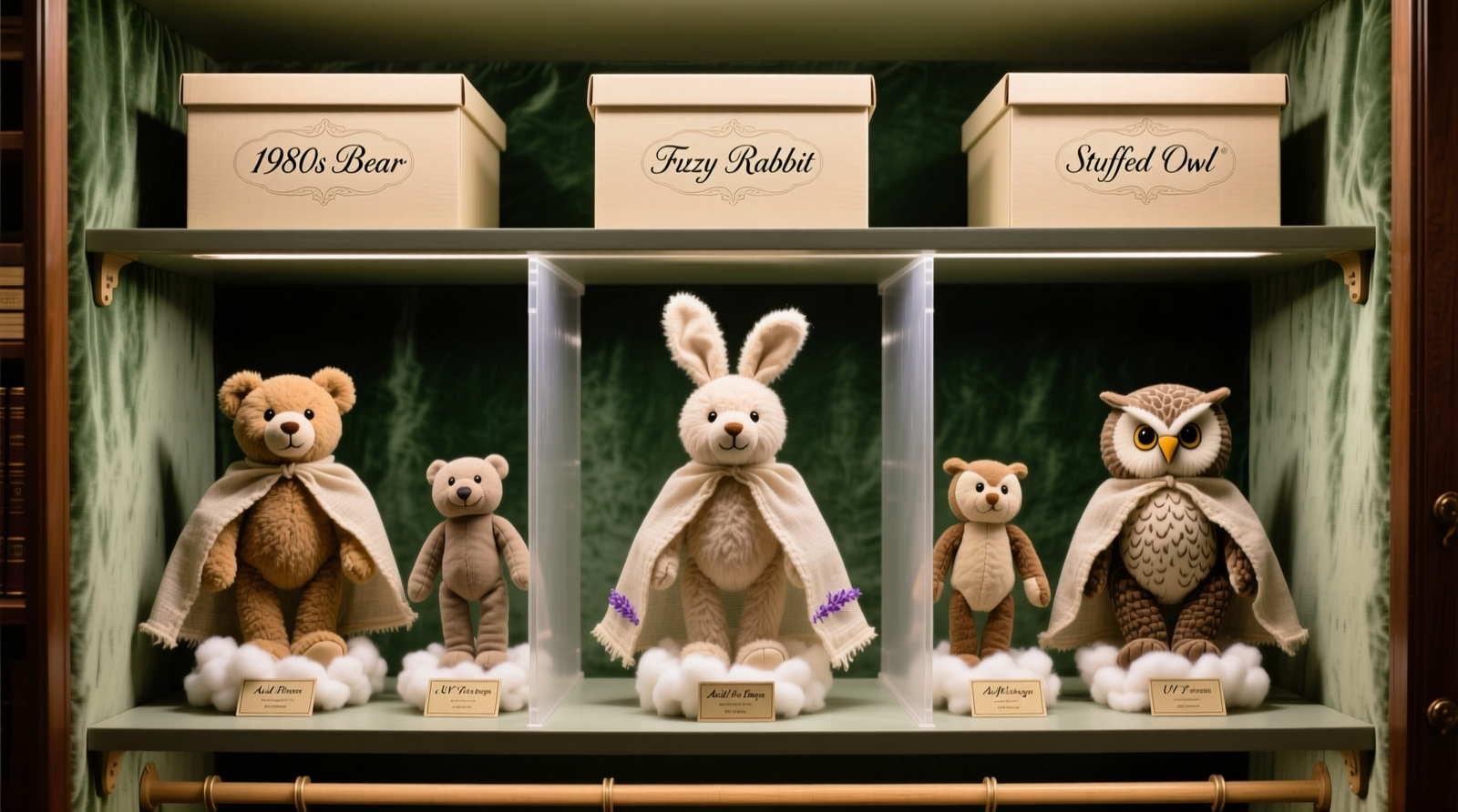 Three anime plushies stored upright in individual cotton garment bags on open wooden shelving, with a hygrometer visible on the shelf showing 52% RH and 21°C