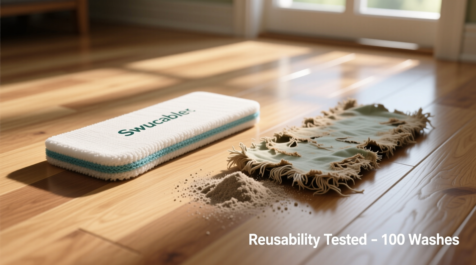 Side-by-side comparison: a well-maintained reusable Swiffer pad next to a frayed, overwashed one, both laid on a hardwood floor with a small pile of dust beside each