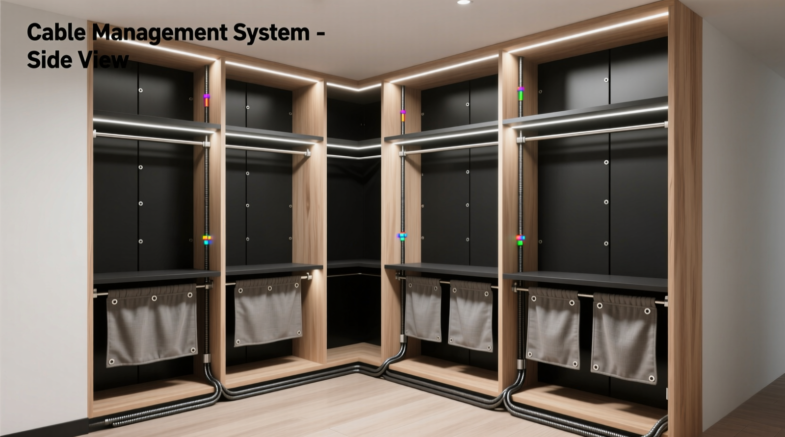 Side-view diagram of a walk-in closet showing recessed vertical cable chases in wooden framing, matte-black MDF backing panels mounted behind open shelves, RGB strips affixed only to those panels, and magnetic fabric sleeves wrapping grouped cables along the floor perimeter