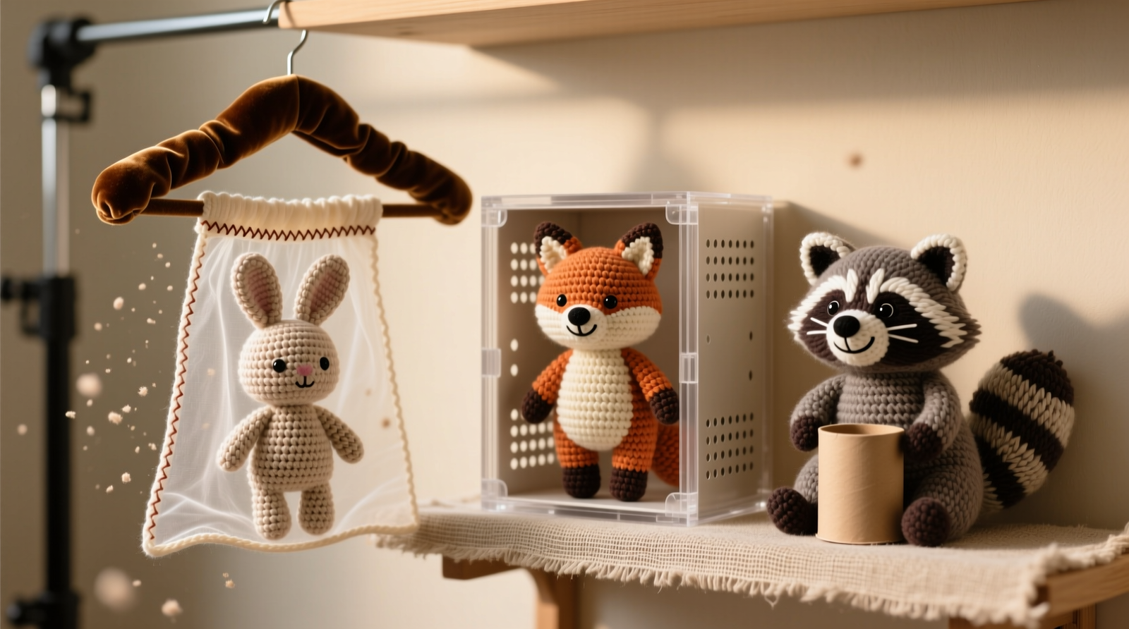 Three amigurumi displayed vertically: one hanging in a cotton garment bag on a padded hanger, one upright in a ventilated archival box with visible airflow holes, and one seated on a linen-covered shelf with a central paper tube for core support