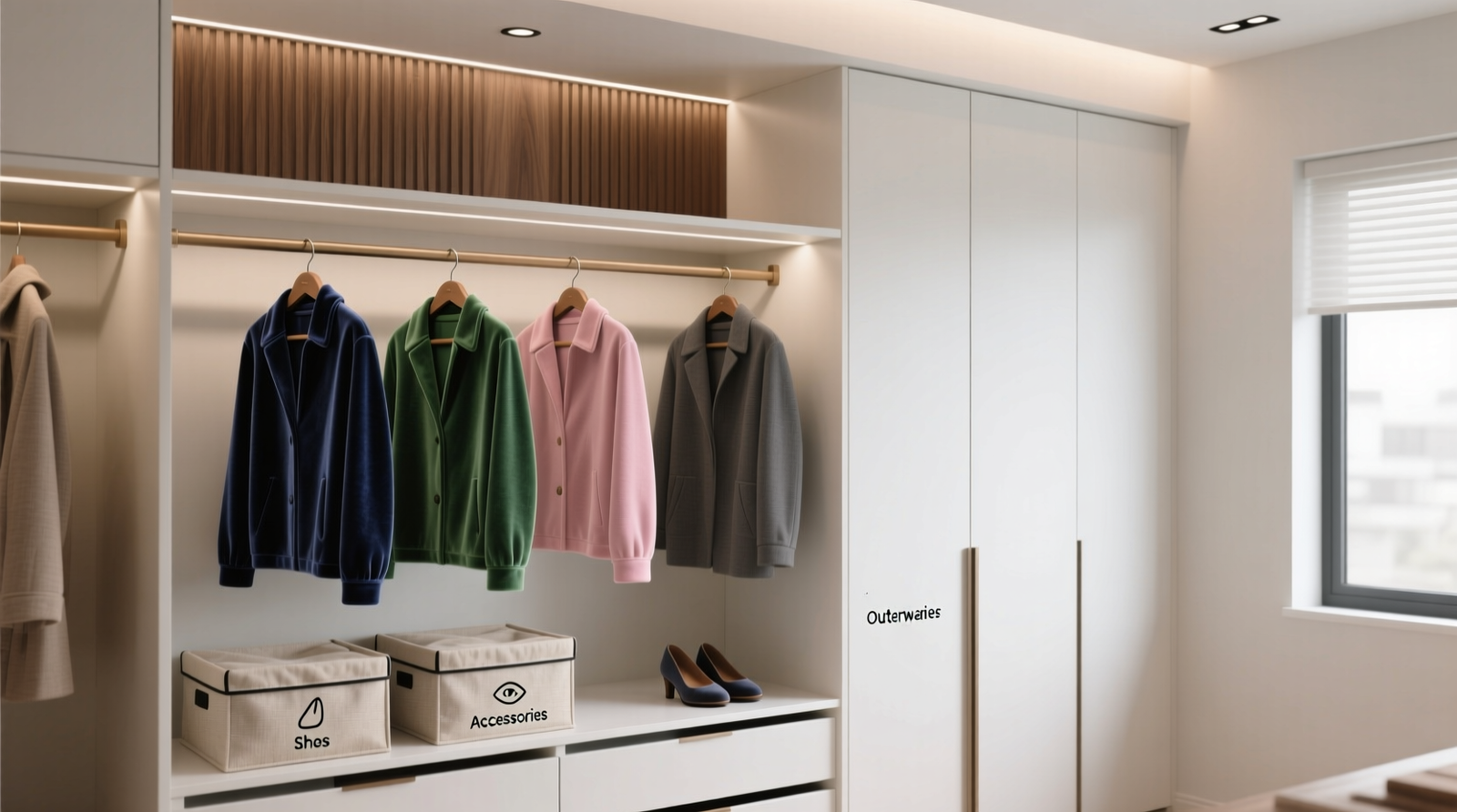 A minimalist closet interior showing soft-close doors, color-coded velvet hangers, fabric-lined storage bins with labeled icons, and a small acoustic panel mounted discreetly on the rear wall—no visible electronics or speakers