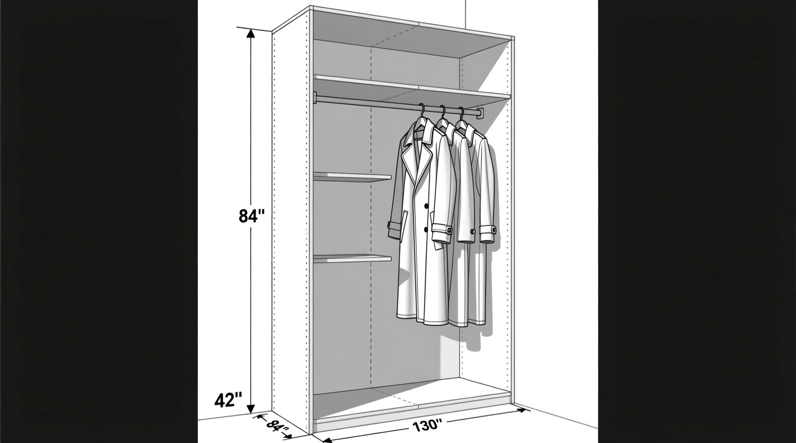 Cross-section diagram showing a 96-inch tall closet with lower hanging rod at 42 inches, deep 14-inch shelf from 44–70 inches, and upper hanging rod at 72 inches—all mounted into wall studs with labeled clearance zones and ergonomic reach arcs