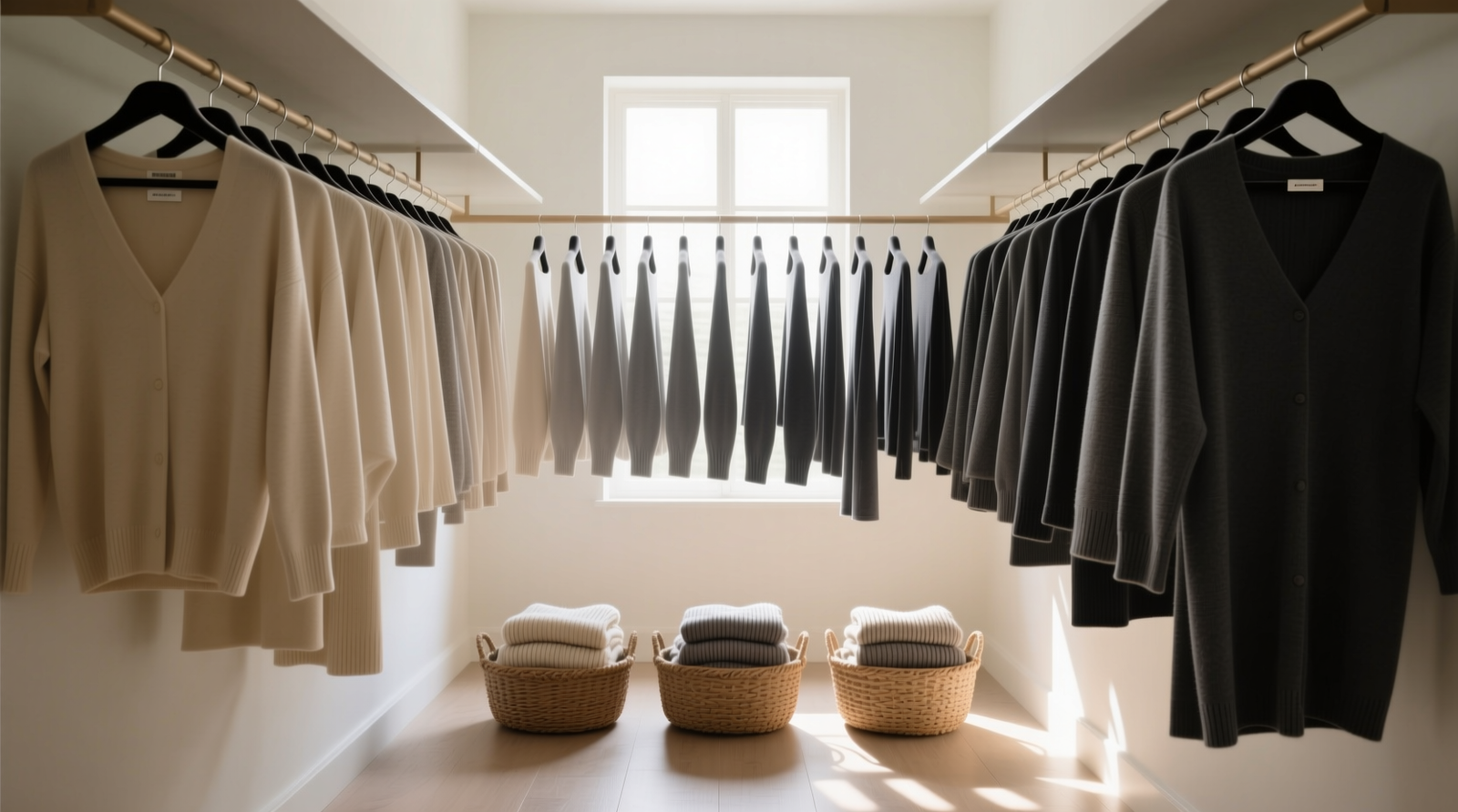 A narrow, light-filled closet with 30 garments hung on identical slim velvet hangers, arranged in precise gradient order from pale beige to charcoal gray, with three shallow woven bins below holding folded knits—no labels visible, no visible edges or clutter